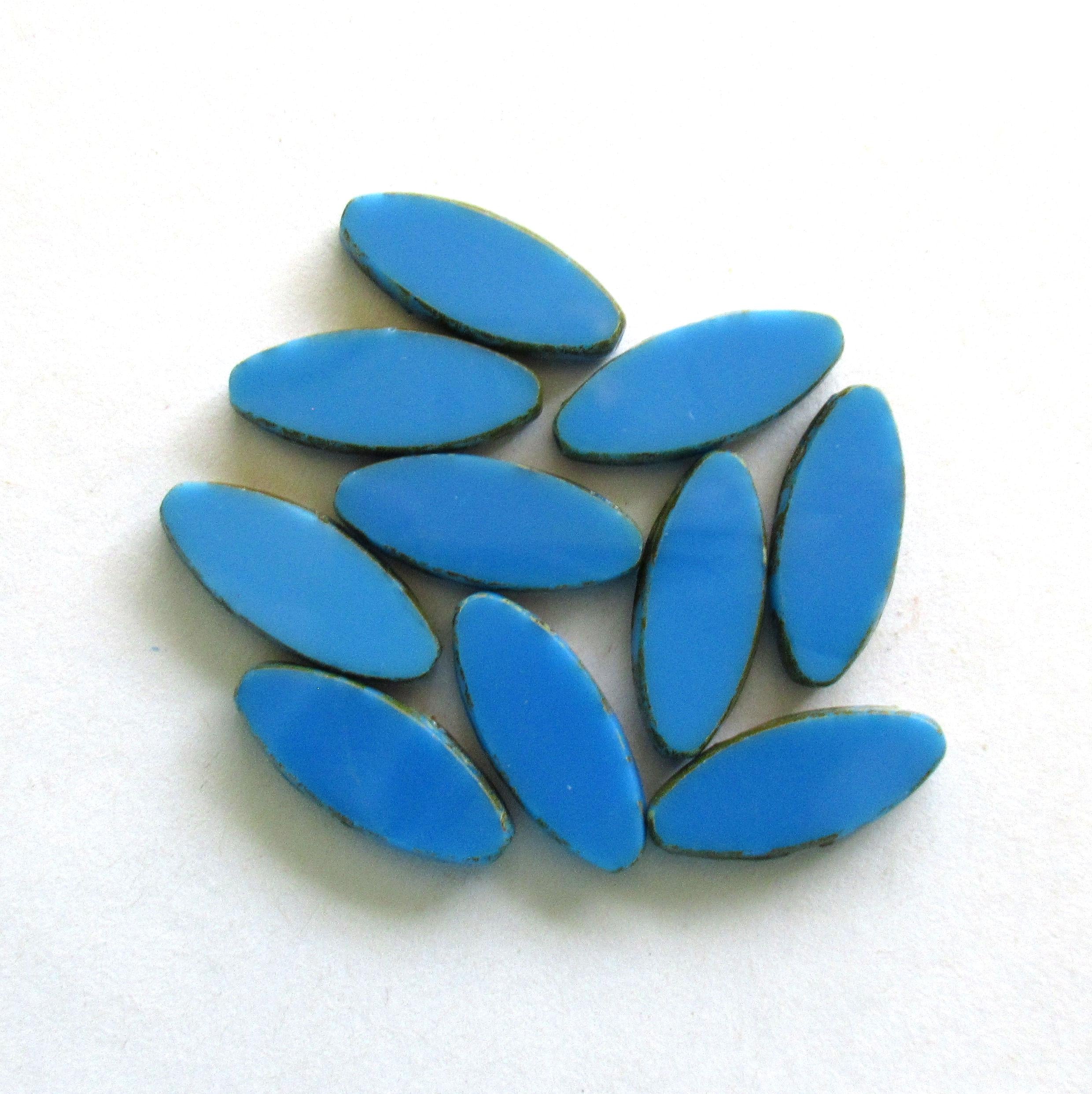 Ten large Czech glass spindle beads - opaque azure blue picasso - 20 x 9mm -table cut - almond shaped oval beads - C00122