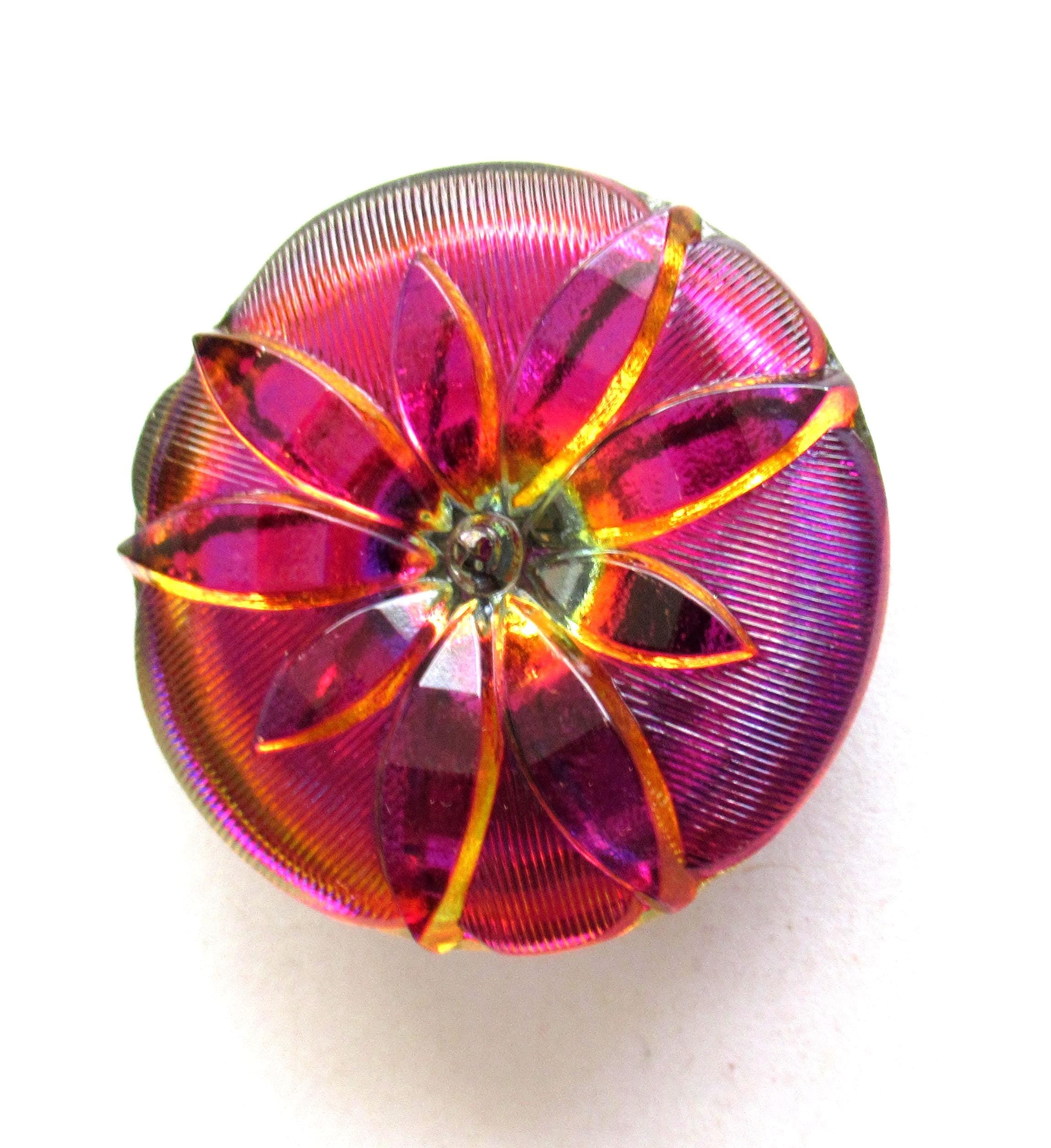 One large Czech glass flower button - iridescent pink & orange button - 35mm - decorative shank button - 00083