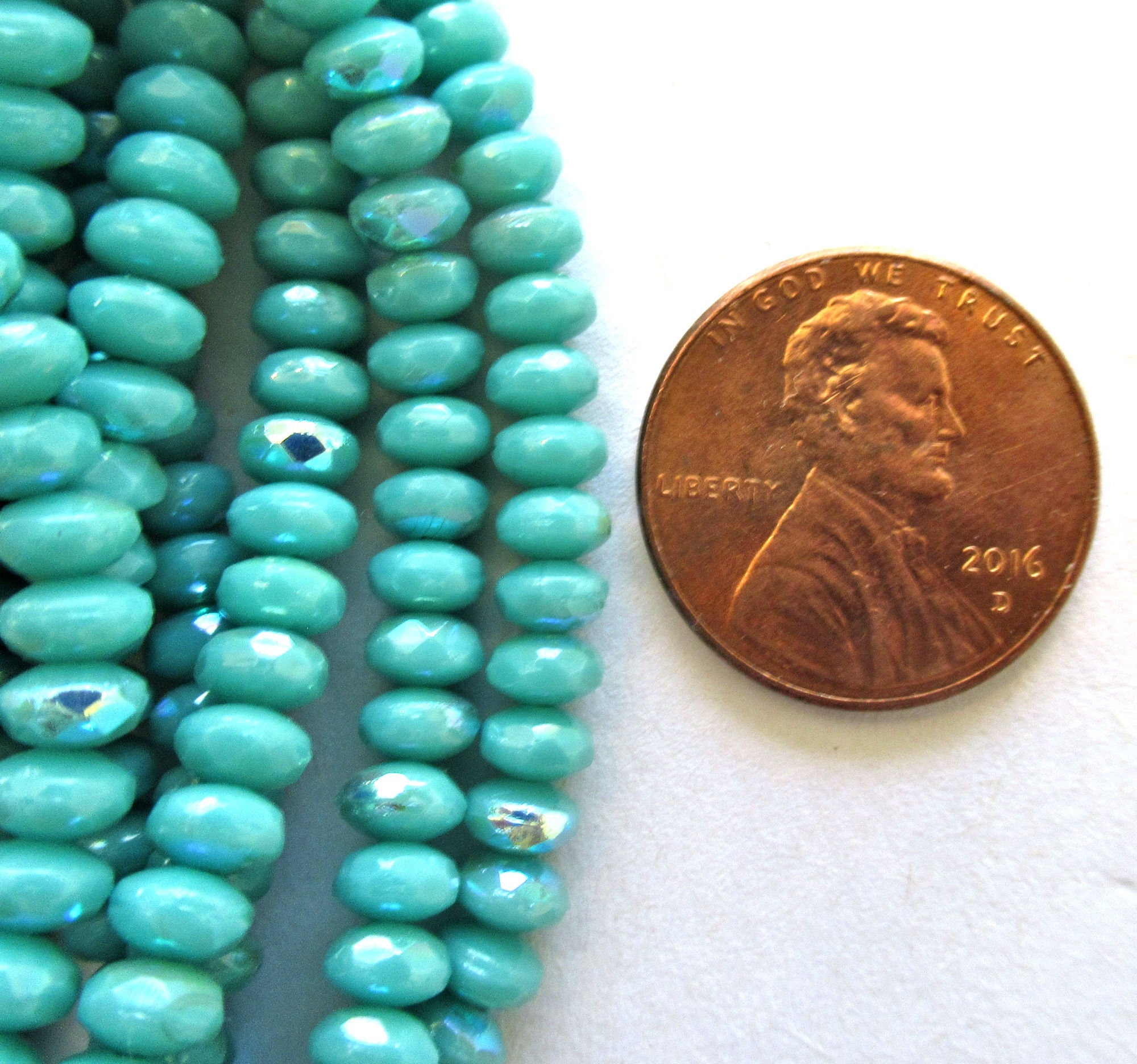 30 small puffy rondelle beads - opaque turquoise blue green ab - 3mm x 5mm faceted Czech glass rondelles 00041