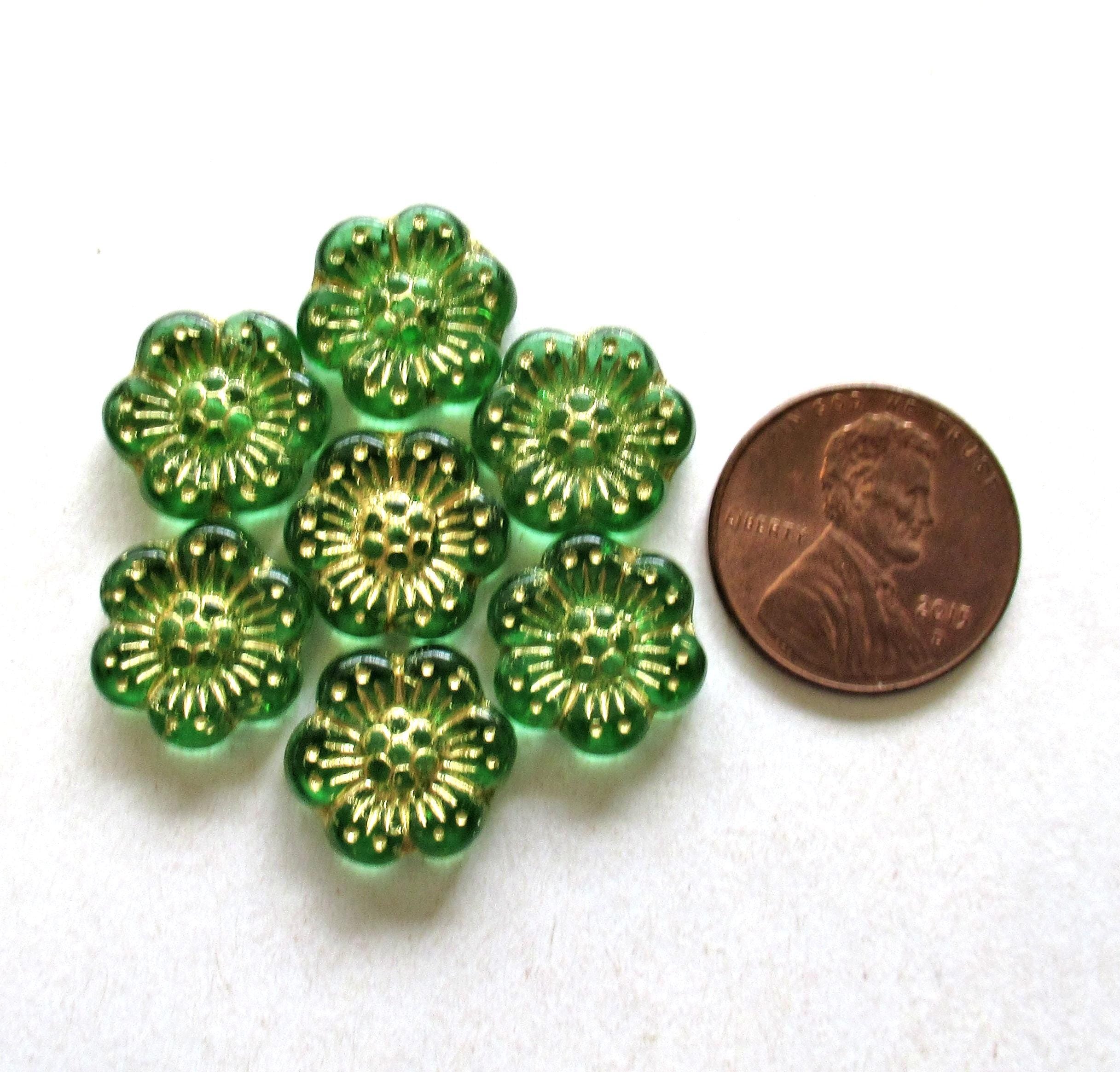Ten Czech glass wild rose flower beads - 14mm transparent green floral beads with a gold wash C0059