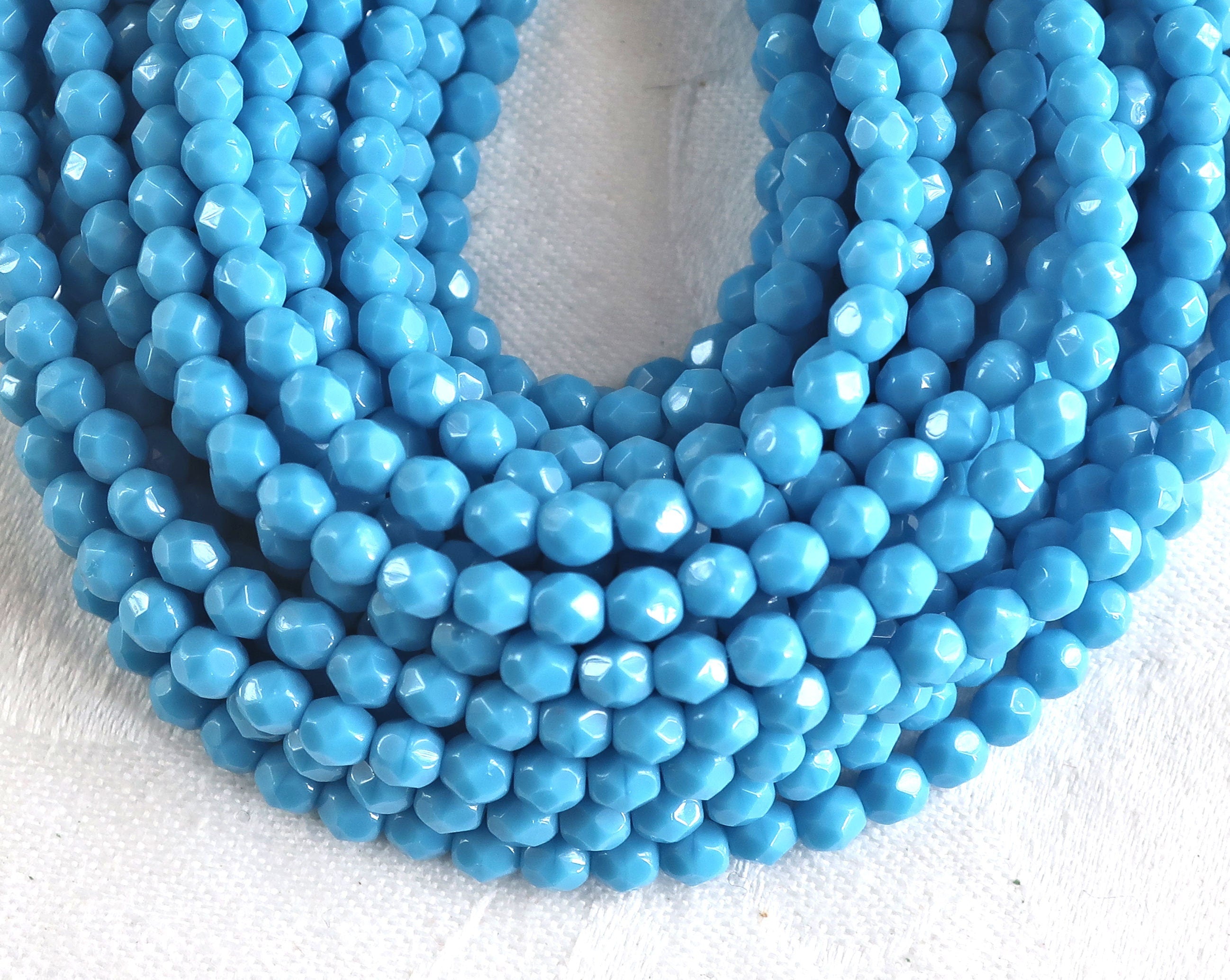 50 4mm Czech glass beads - opaque turquoise blue - fire polished, faceted round beads - C0055