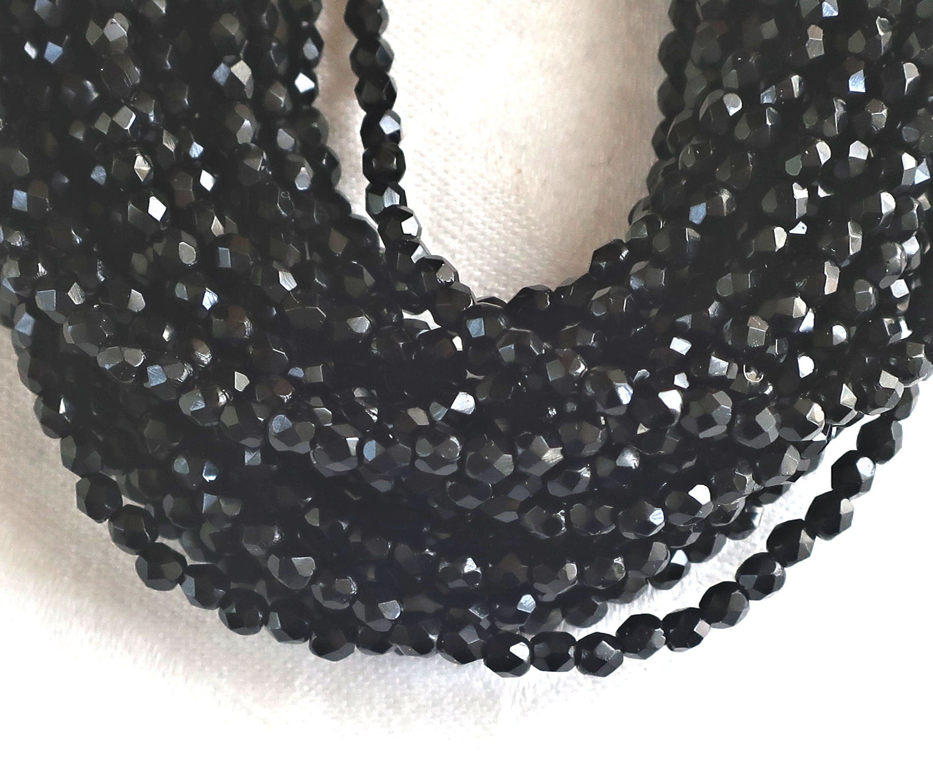 Lot of 50 3mm Jet Black Czech glass beads, round faceted fire polished beads, C0350