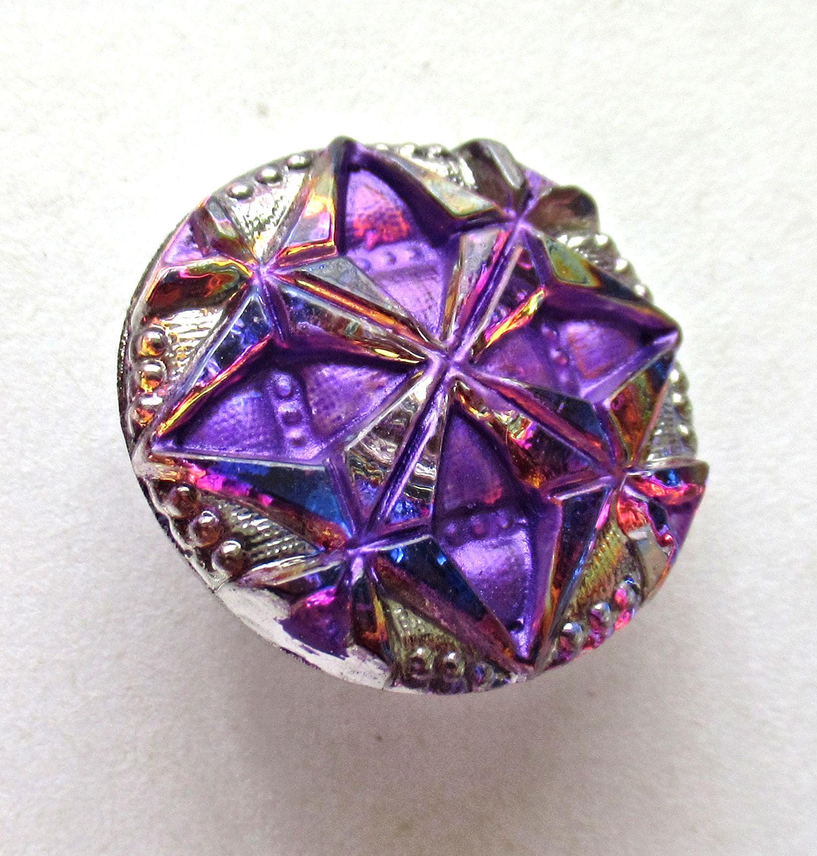 One 18mm Czech glass button - purple & blue geometric pattern with platinum accents - decorative shank button 00392