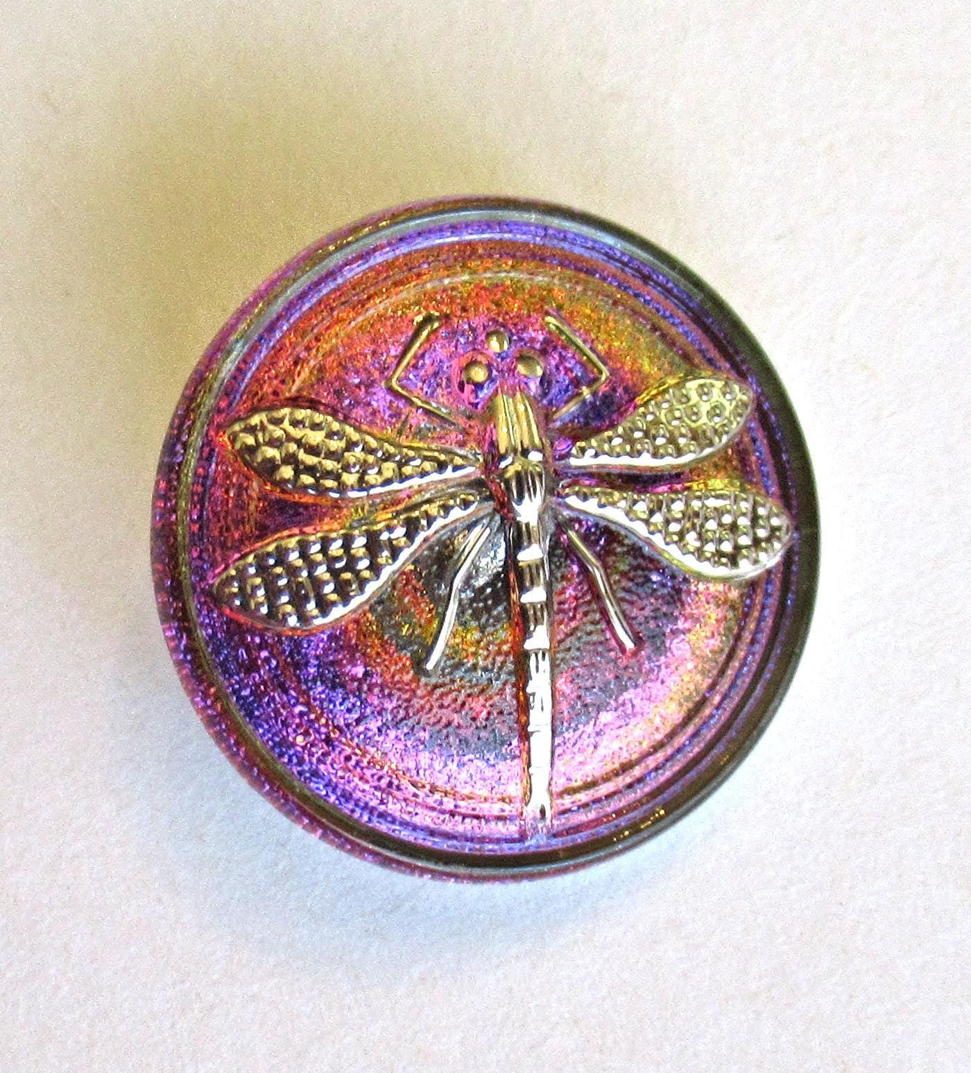 One 22mm Czech glass dragonfly button - iridescent pink orange and purple with silver accents - decorative shank art glass button 00082