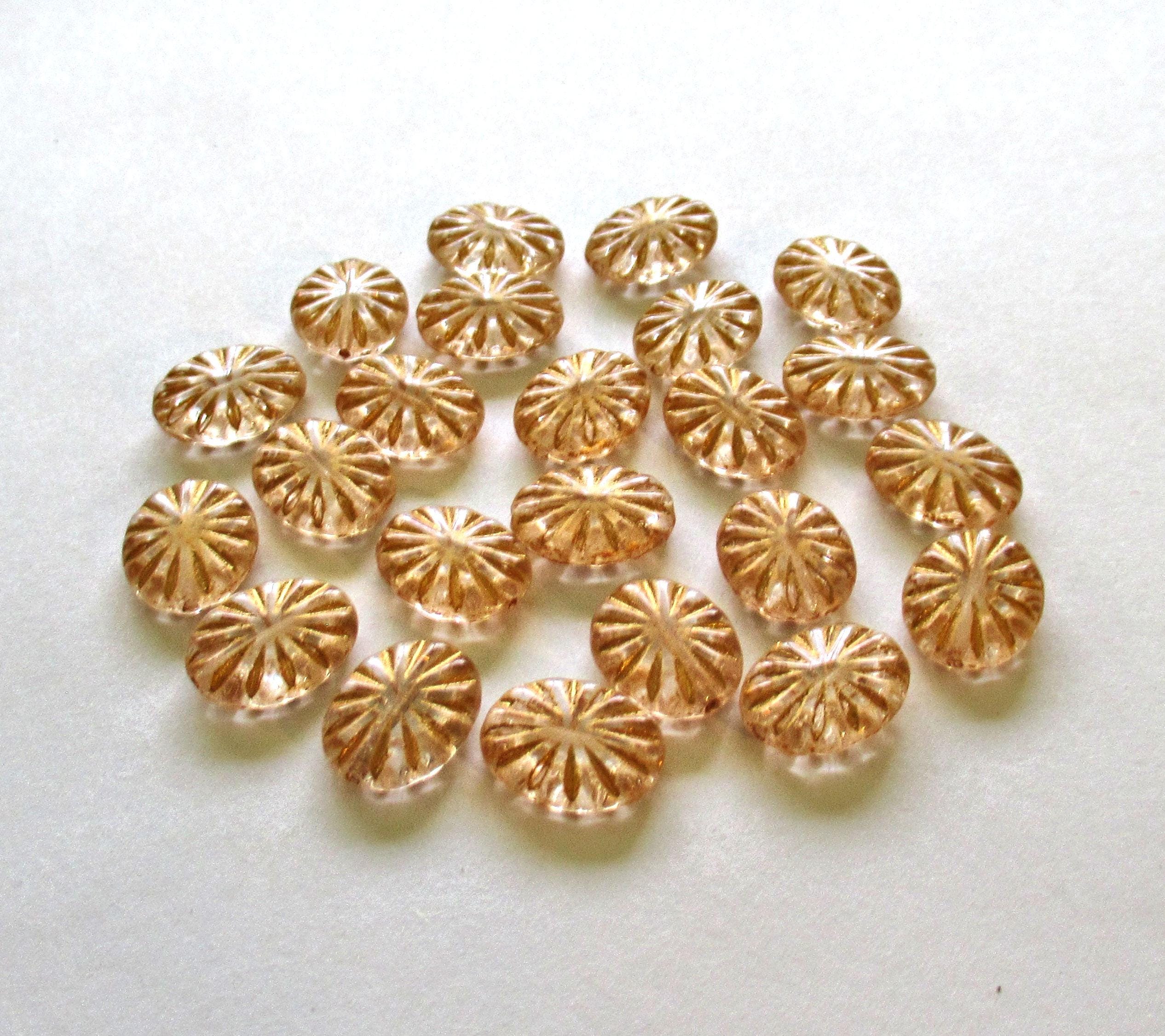 Czech glass oval beads - crystal clear beads with a gold wash - 14mm x 11mm - sun burst pressed glass beads - 8 beads - C0431