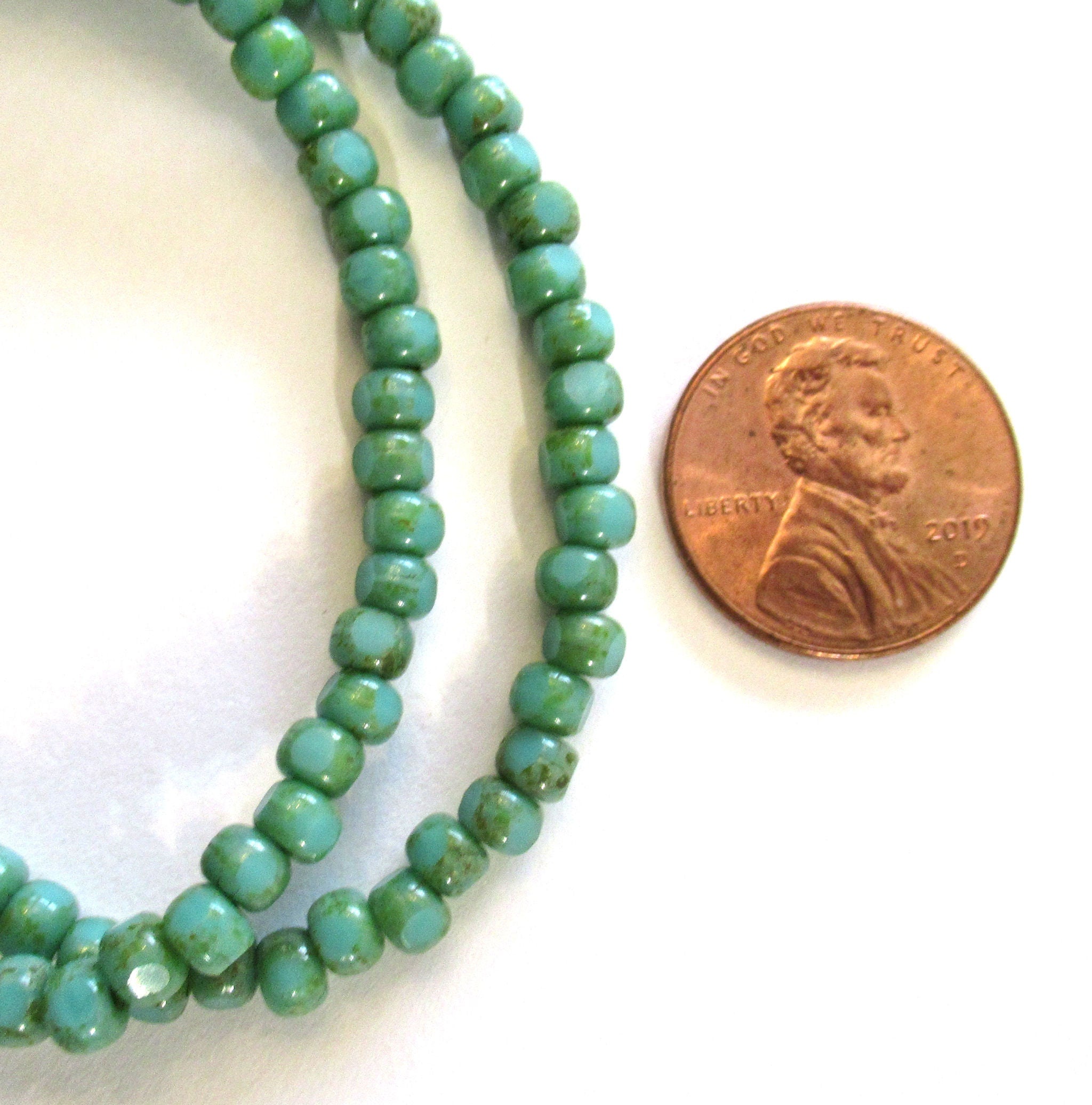 Fifty 6/0 faceted Czech glass seed beads -opaque turquoise green picasso seed beads C0087