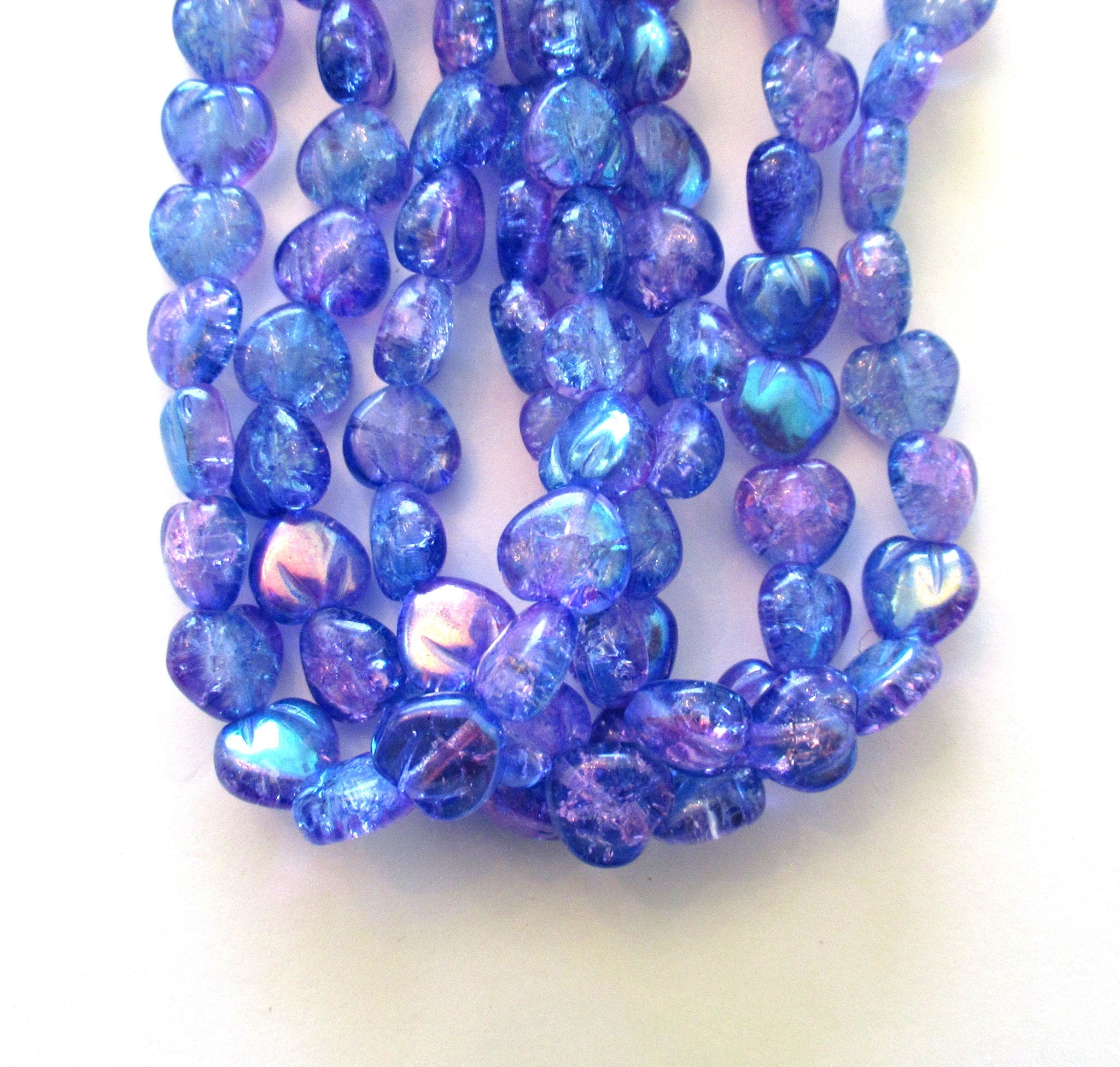 Lot of 10 Czech glass heart beads - 11mm blue and purple crackle glass hearts with an ab finish - C0049