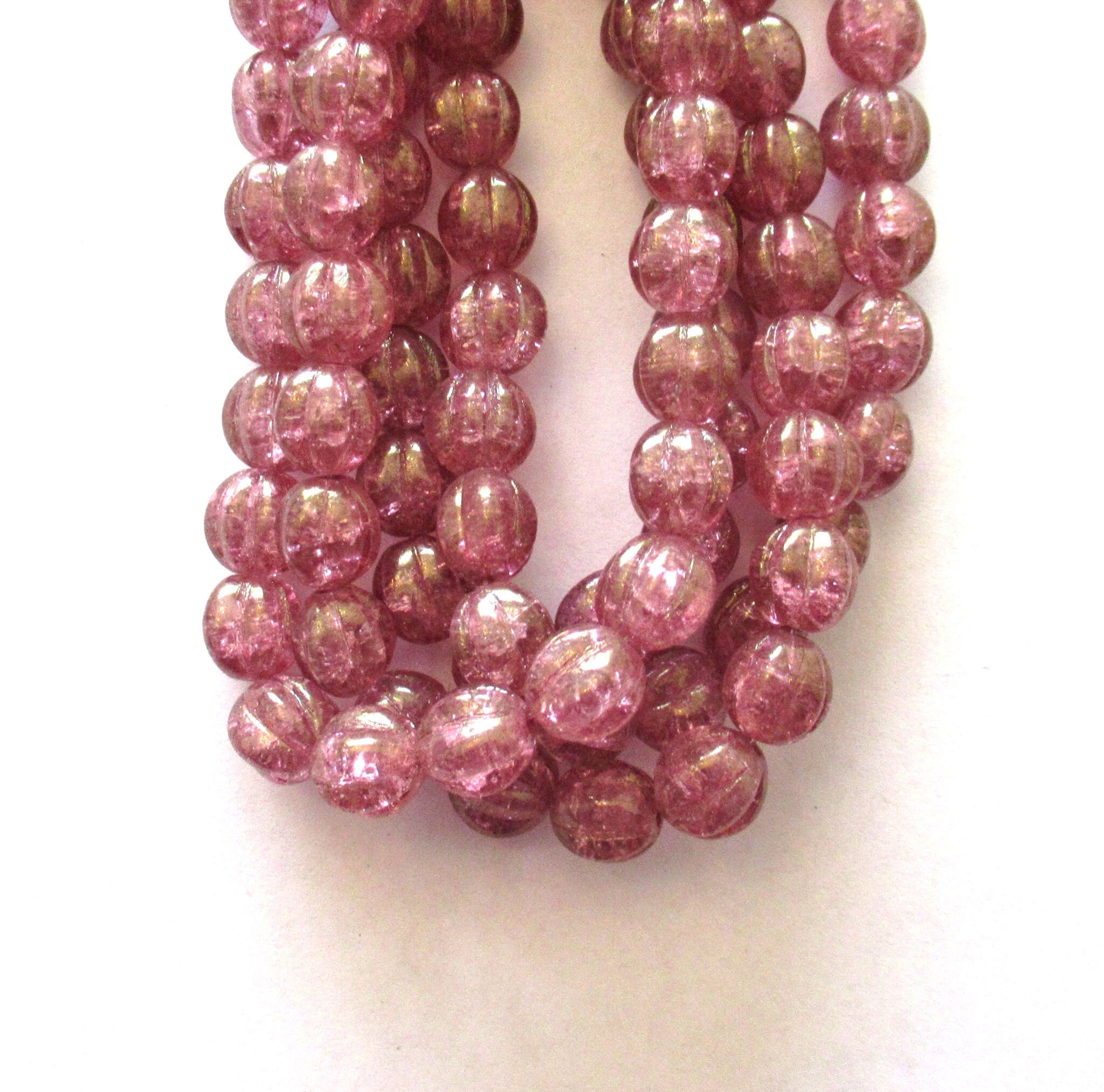 Ten 10mm Czech glass melon beads - pink crackle glass pressed beads - C0049