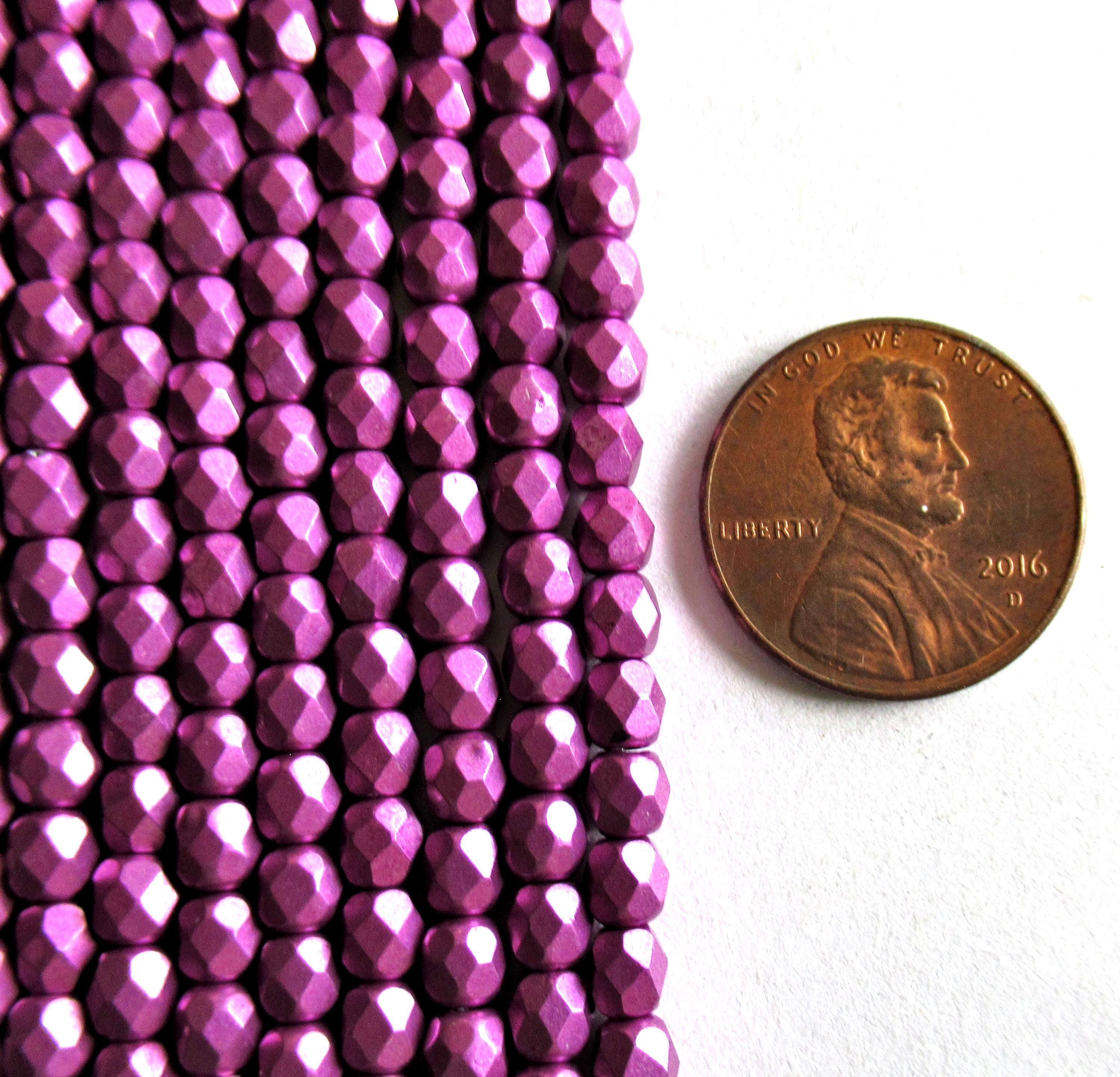 Lot of 50 4mm Czech glass spacer beads - Saturated Metallic Spring Crocus - bright pink - fire polished faceted round beads - C0055