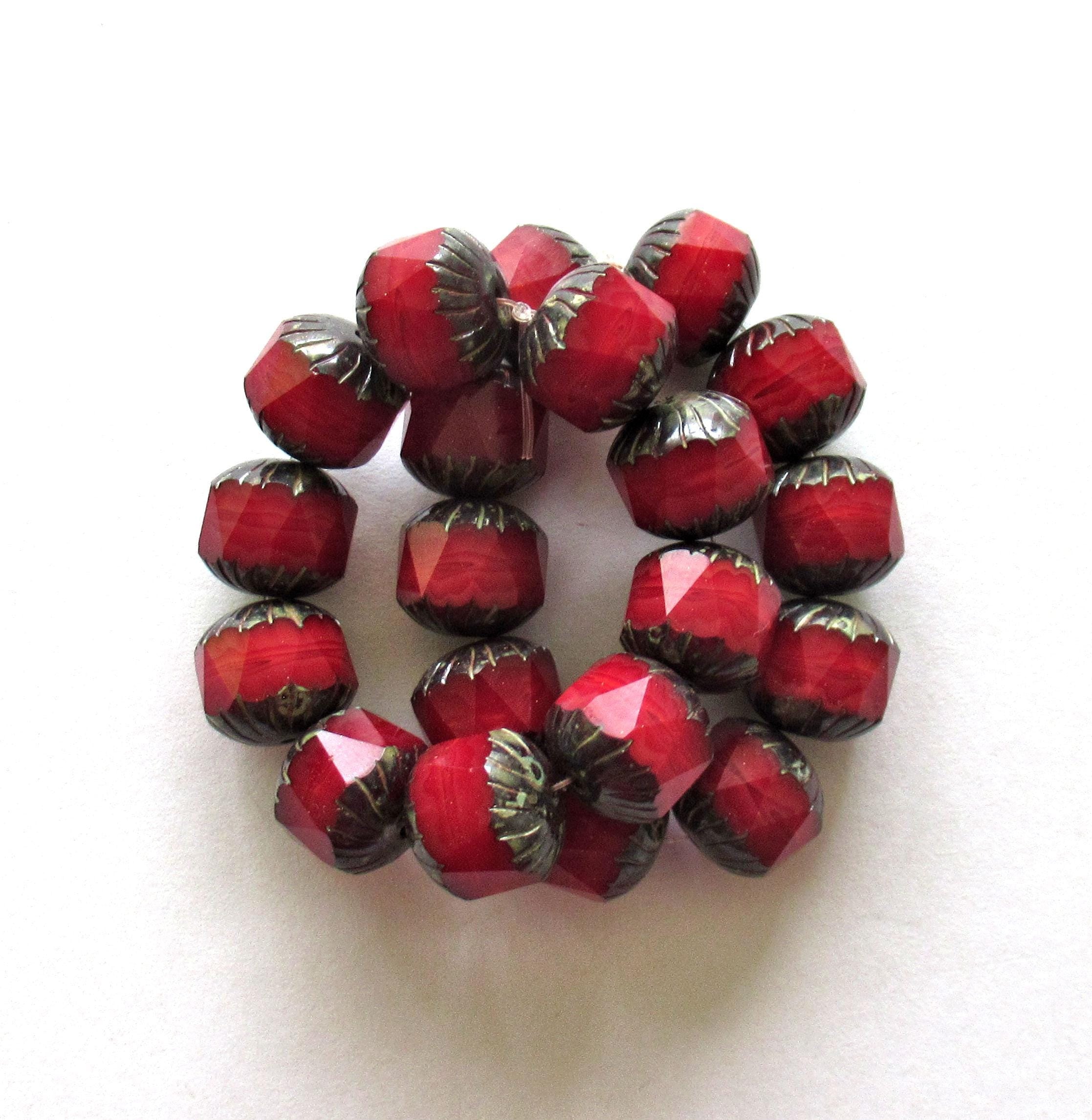 Ten large Czech glass center faceted carved cruller beads - 10mm - round light garnet red silk cathedral beads with picasso accents - 00005