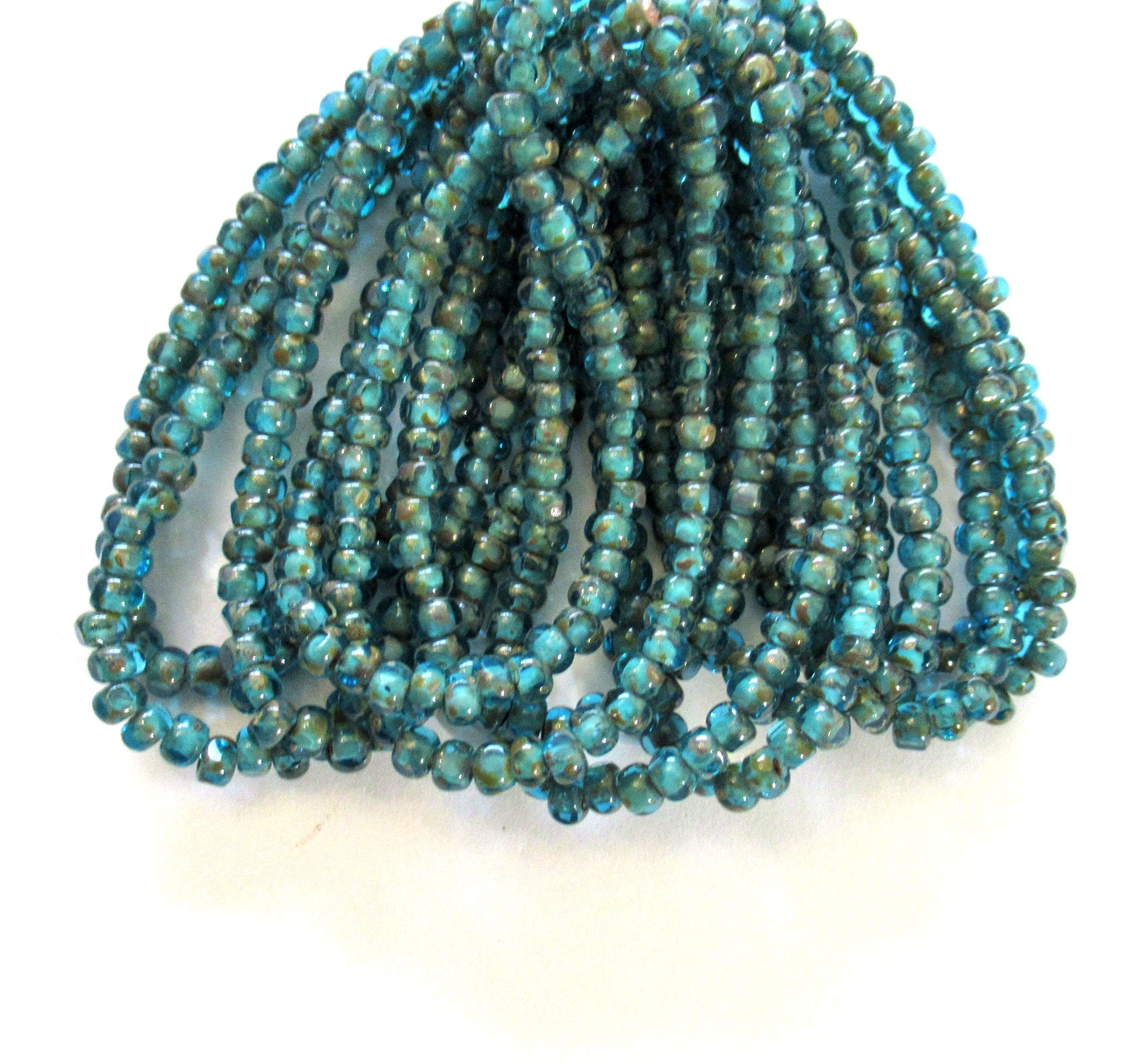 Fifty 6/0 faceted Czech glass seed beads - aqua blue picasso seed beads C0087