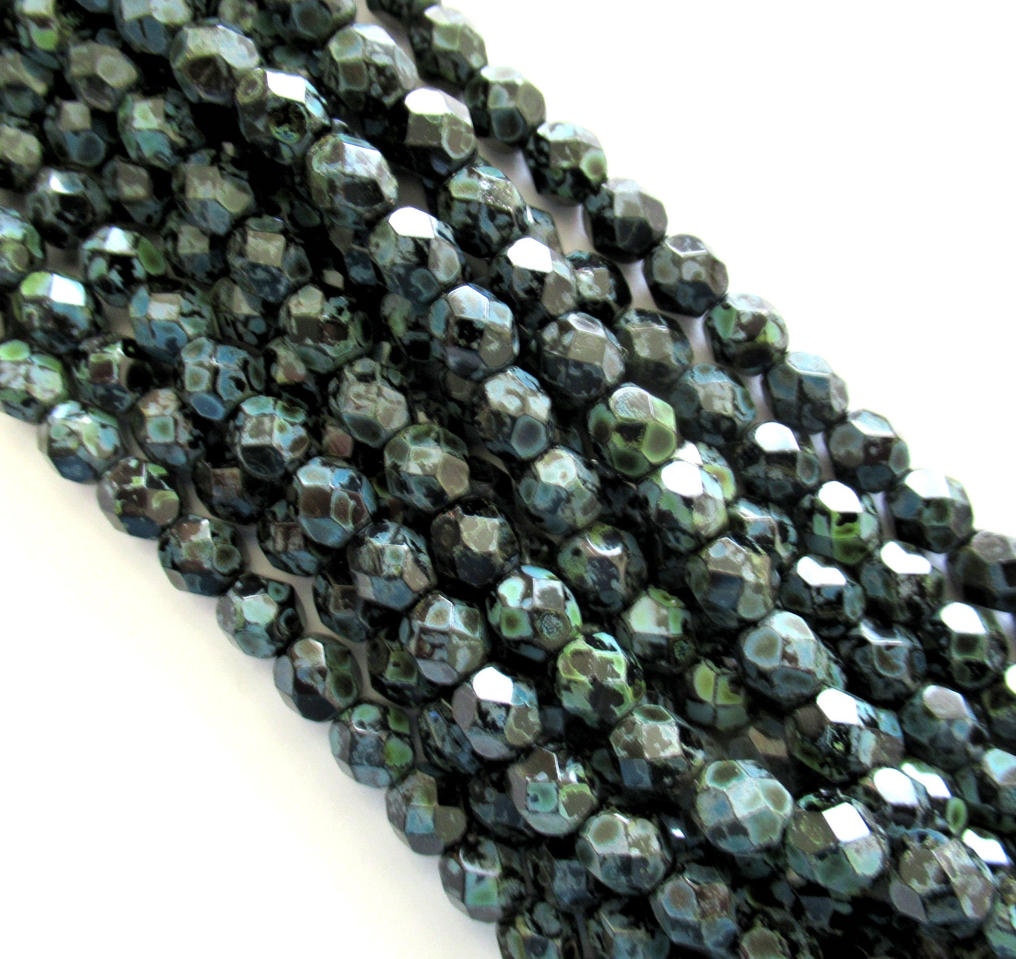 Lot of 25 6mm Czech glass beads - jet black with a picasso finish - fire polished faceted round glass beads C0014