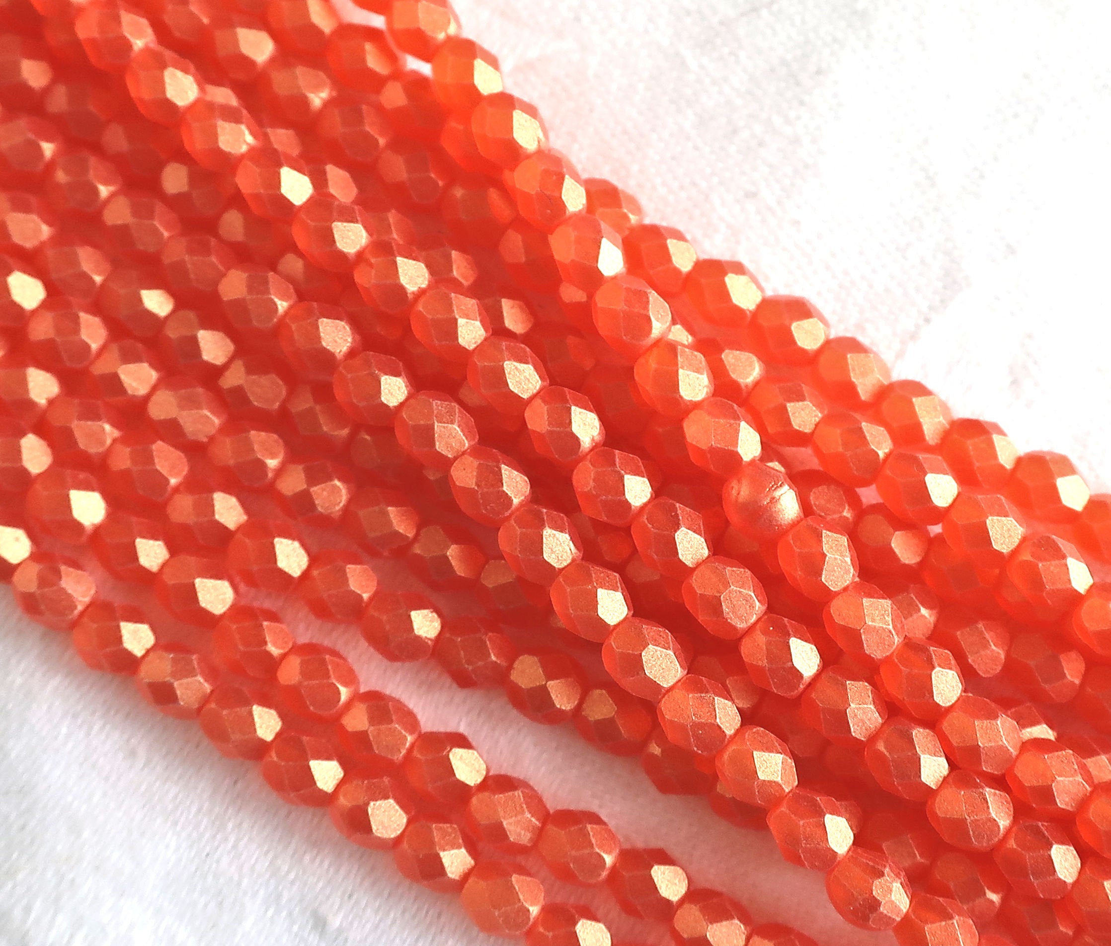Lot of 50 4mm Czech glass beads, bright orange, sueded gold hyacinth faceted fire polished beads 9601