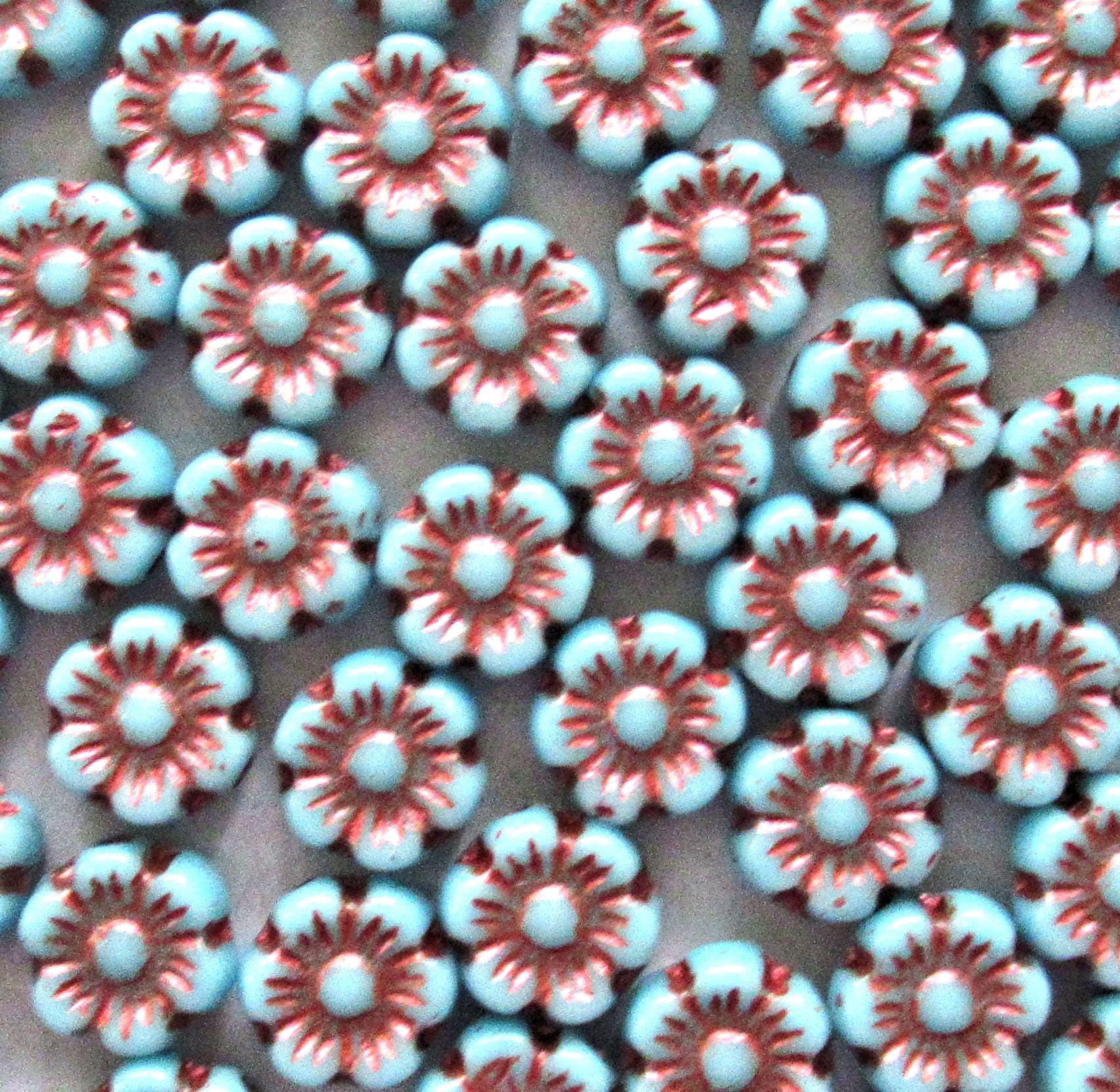 25 small Czech glass flower beads - 6mm opaque turquoise blue beads with a metallic purple bronze wash - pressed glass floral beads - C0068