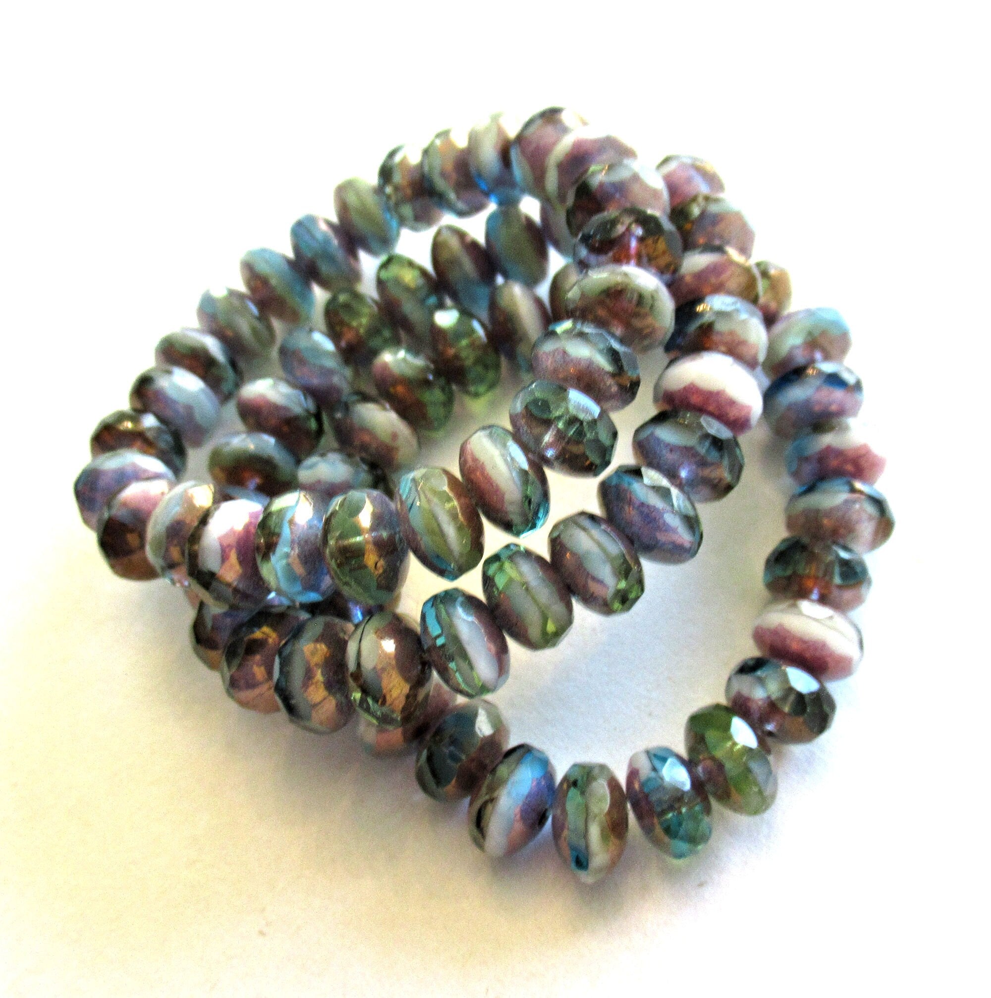 25 Czech glass puffy rondelle beads - 5 x 7mm transparent & opaque Peruvian opal color mix faceted rondelles - 00612