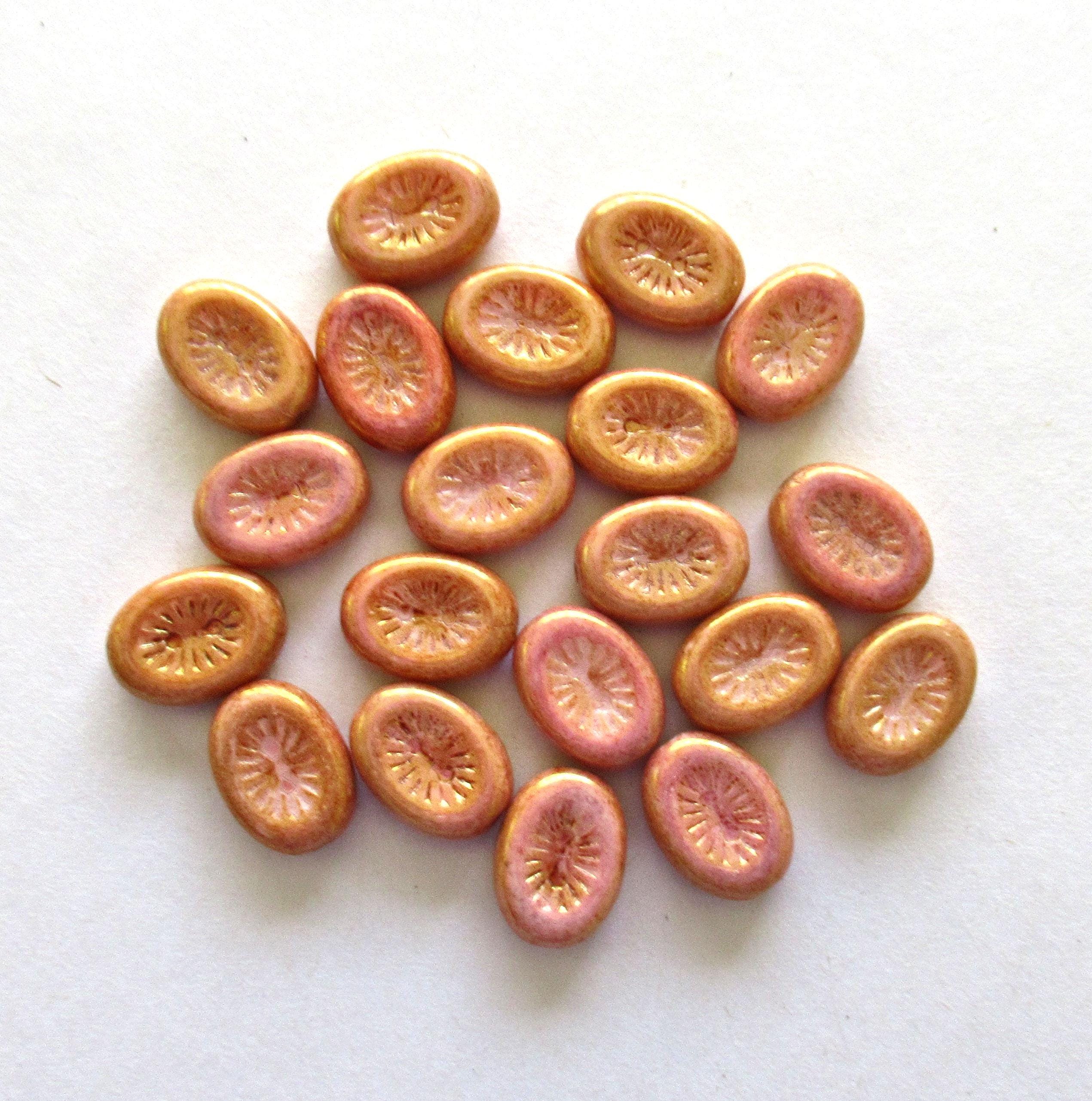 Ten 14 x 11mm Czech glass oval kiwi beads - opaque pink & peach mix - pressed glass beads - C00011