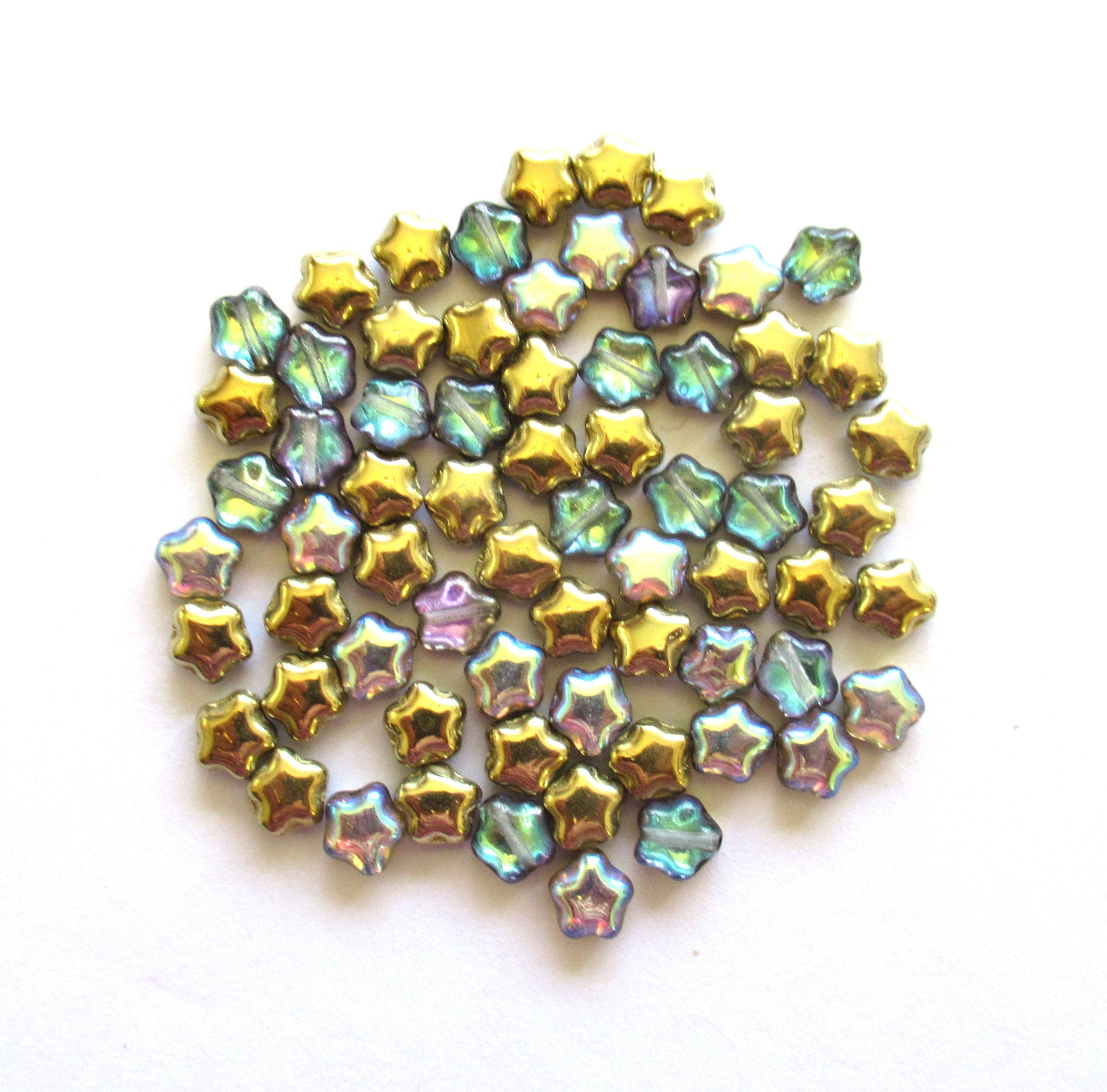 Forty 6mm small Czech glass star beads - Metallic golden rainbow, blue pink and gold pressed glass beads - C0039