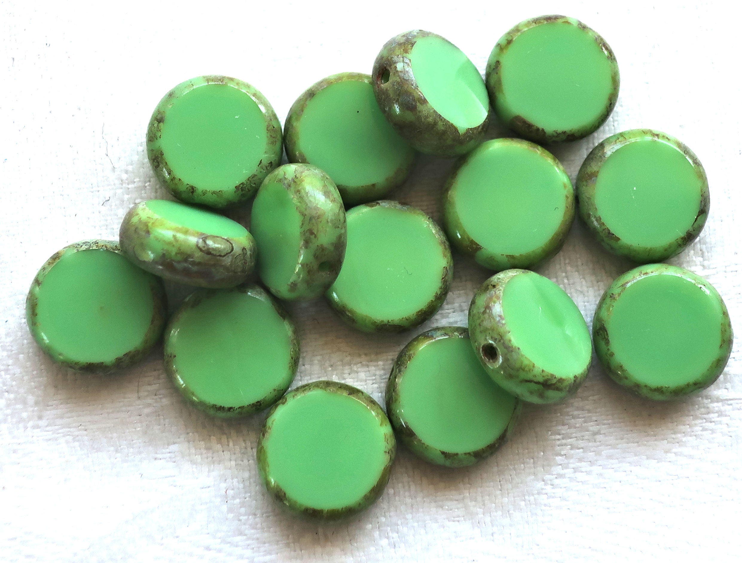 10 Czech glass green coin or disc beads - 11mm flat round beads - opaque light green table cut beads with a picasso finish 02201