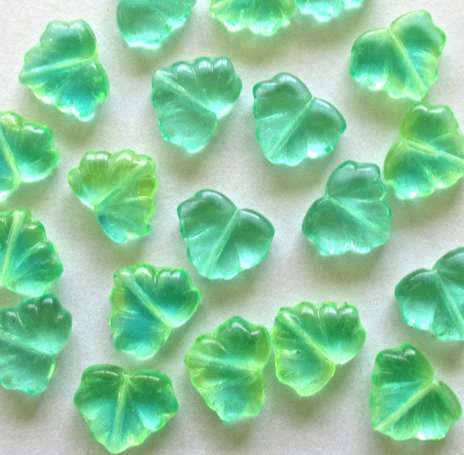 10 Czech glass maple leaf beads - transparent blue green mix leaves - center drilled - 13 x 11mm leaves- C00011