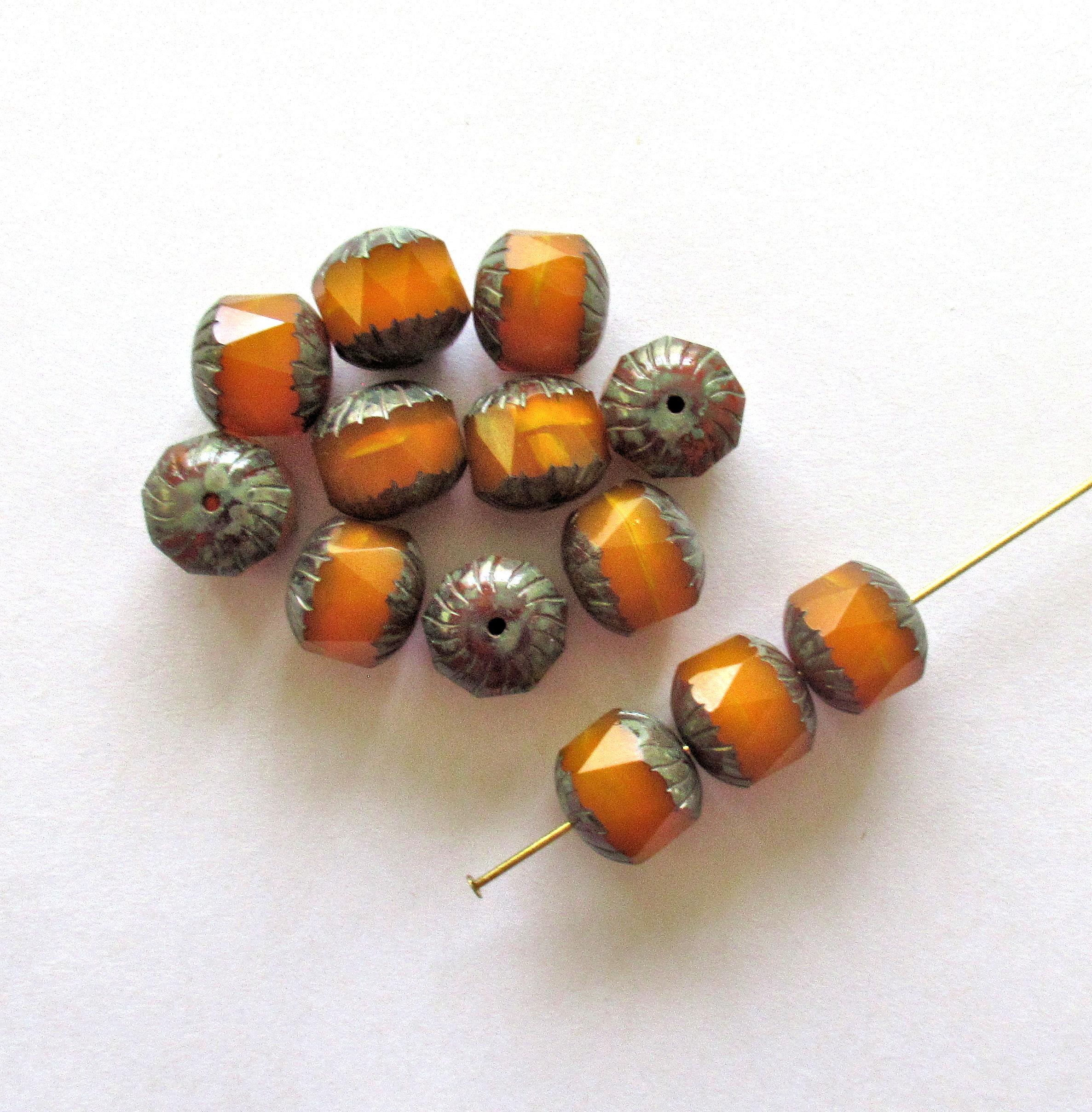 Ten large Czech glass center faceted carved cruller beads - 10mm - round pumpkin orange opal cathedral beads with picasso accents - 00005