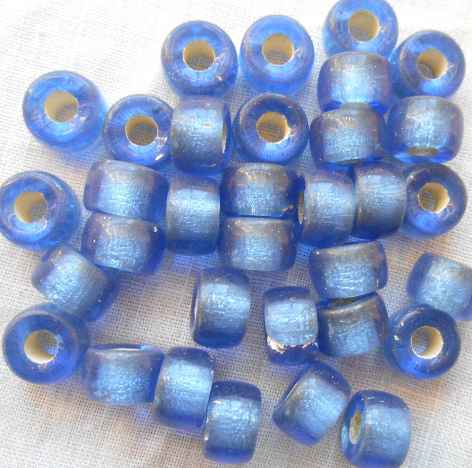 25 9mm Czech Sapphire Blue Silver Lined glass pony roller beads, large hole crow beads, C0087