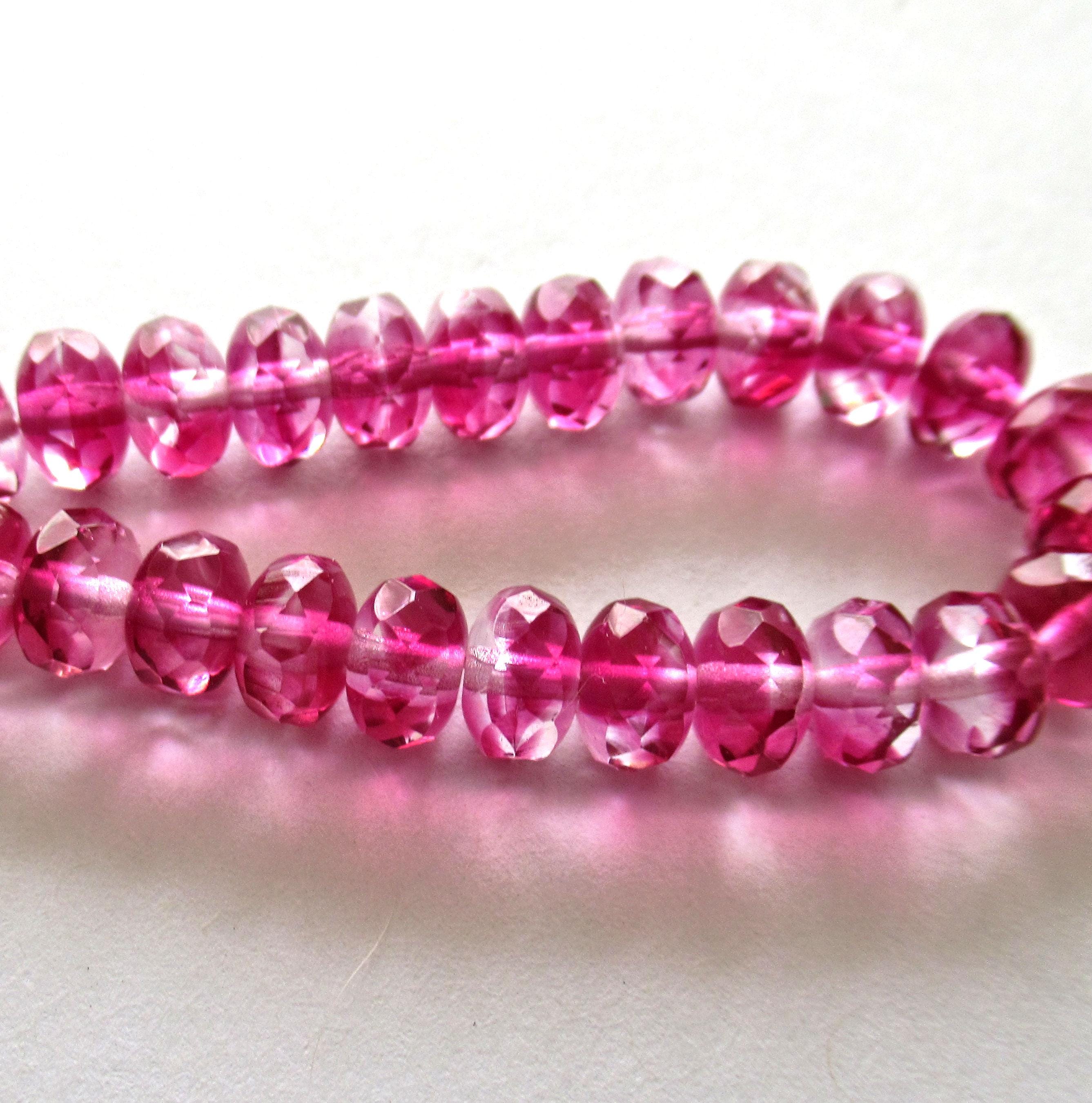 Pink Czech glass puffy rondelle beads - 5 x 7mm - marbled fuchsia pink & crystal - faceted fire polished beads - 25 pcs - C00142