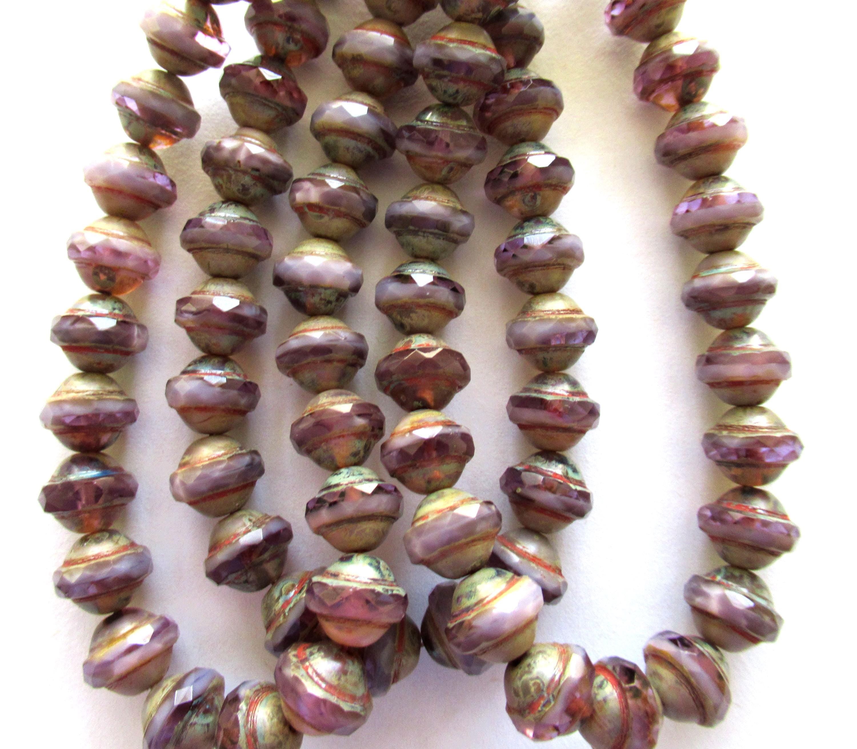 Ten purple Czech glass saturn beads - 8 x 10mm transparent & opaque mix amethyst - faceted saucer beads with a picsso finish - C04101