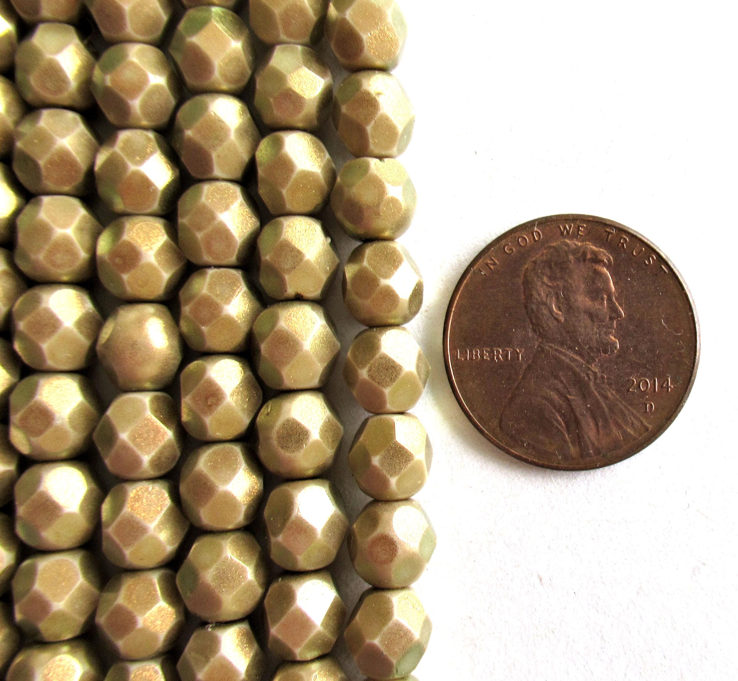 25 6mm Halo Ethereal Linen Czech glass beads - opaque neutral khaki beads - faceted fire polished round beads C0006