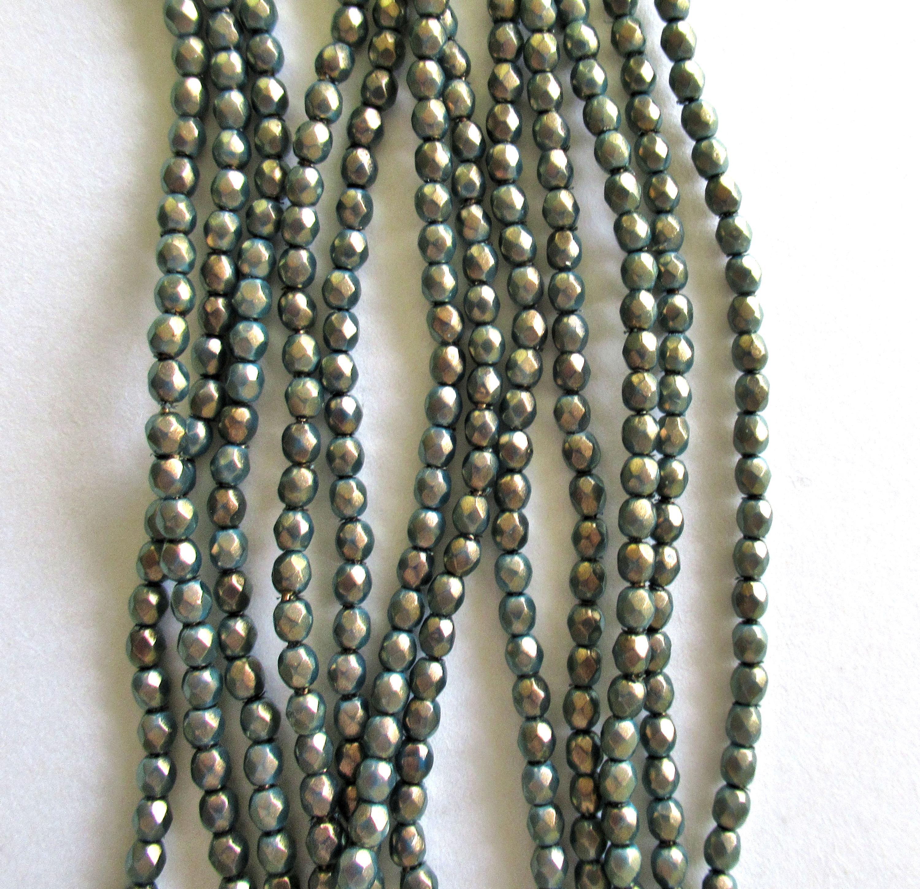 Fifty 3mm Czech glass beads - Halo Ethereal Azurite - opaque blue beads w/ gold finish - fire polished faceted round beads - C0087