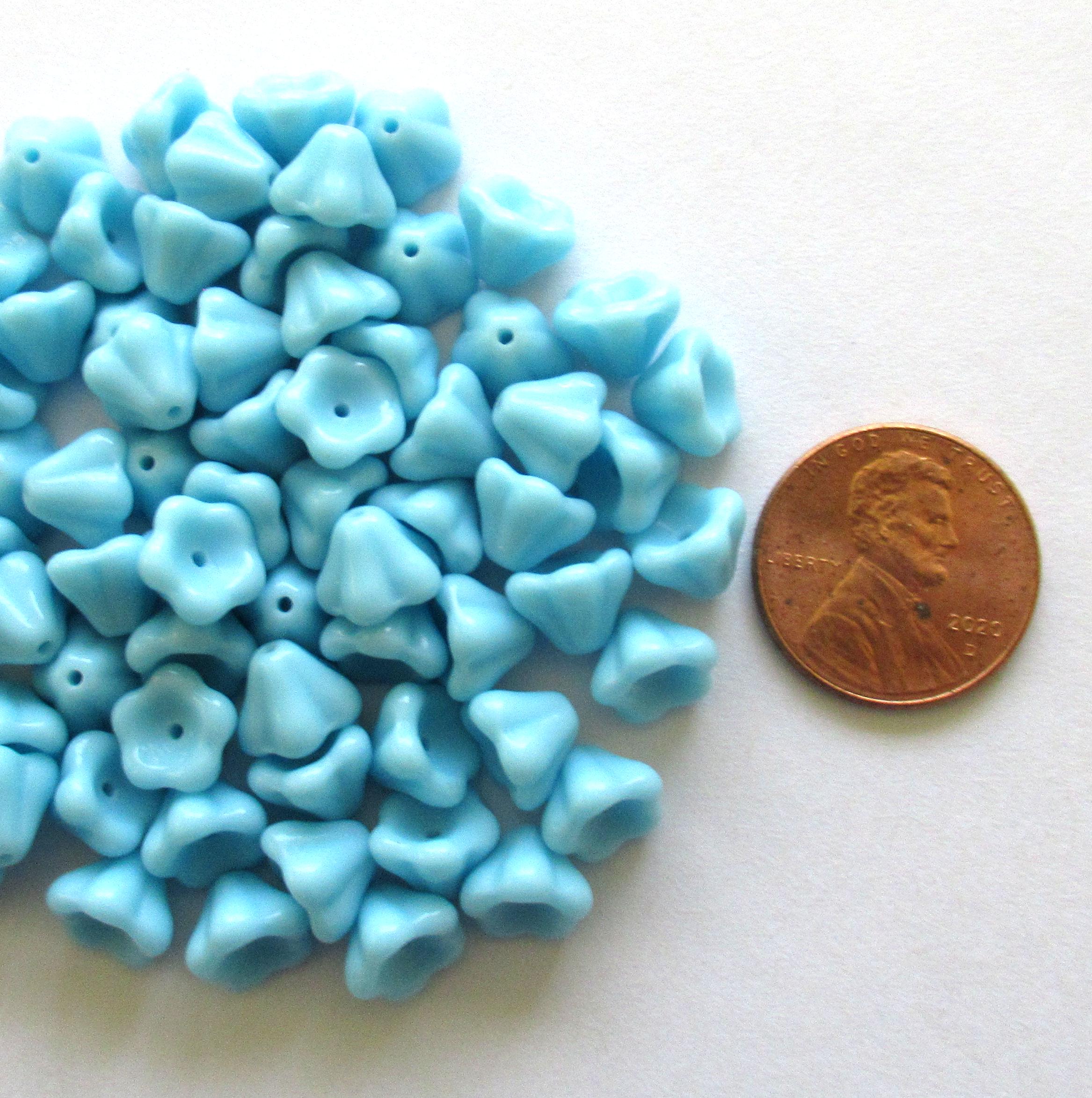 25 Czech glass Bell Flower beads - opaque turquoise blue pressed glass flower beads - 8 x 6mm - C00024