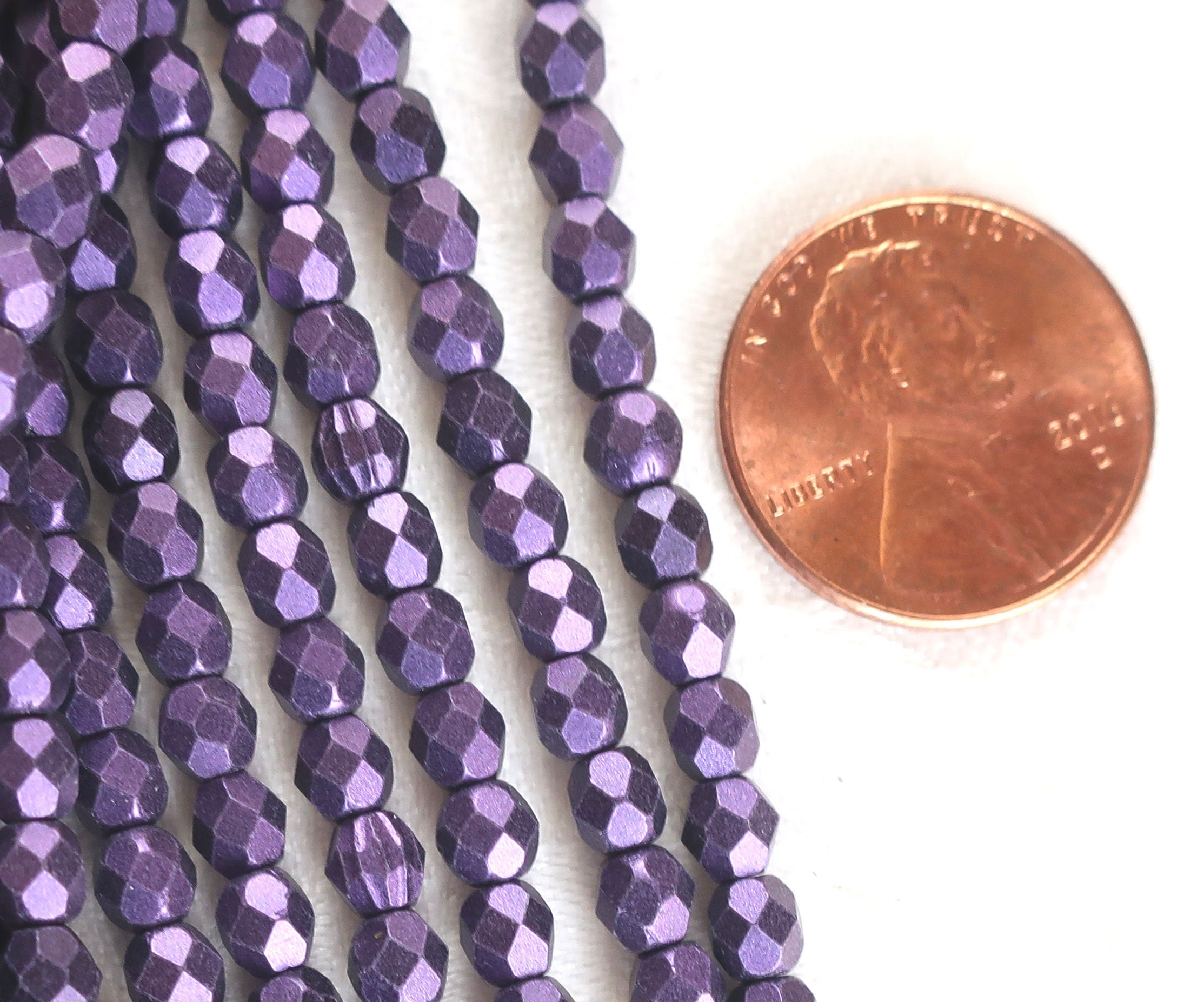 50 4mm purple matte metallic suede, sueded Czech glass beads, faceted, fire polished beads 9601