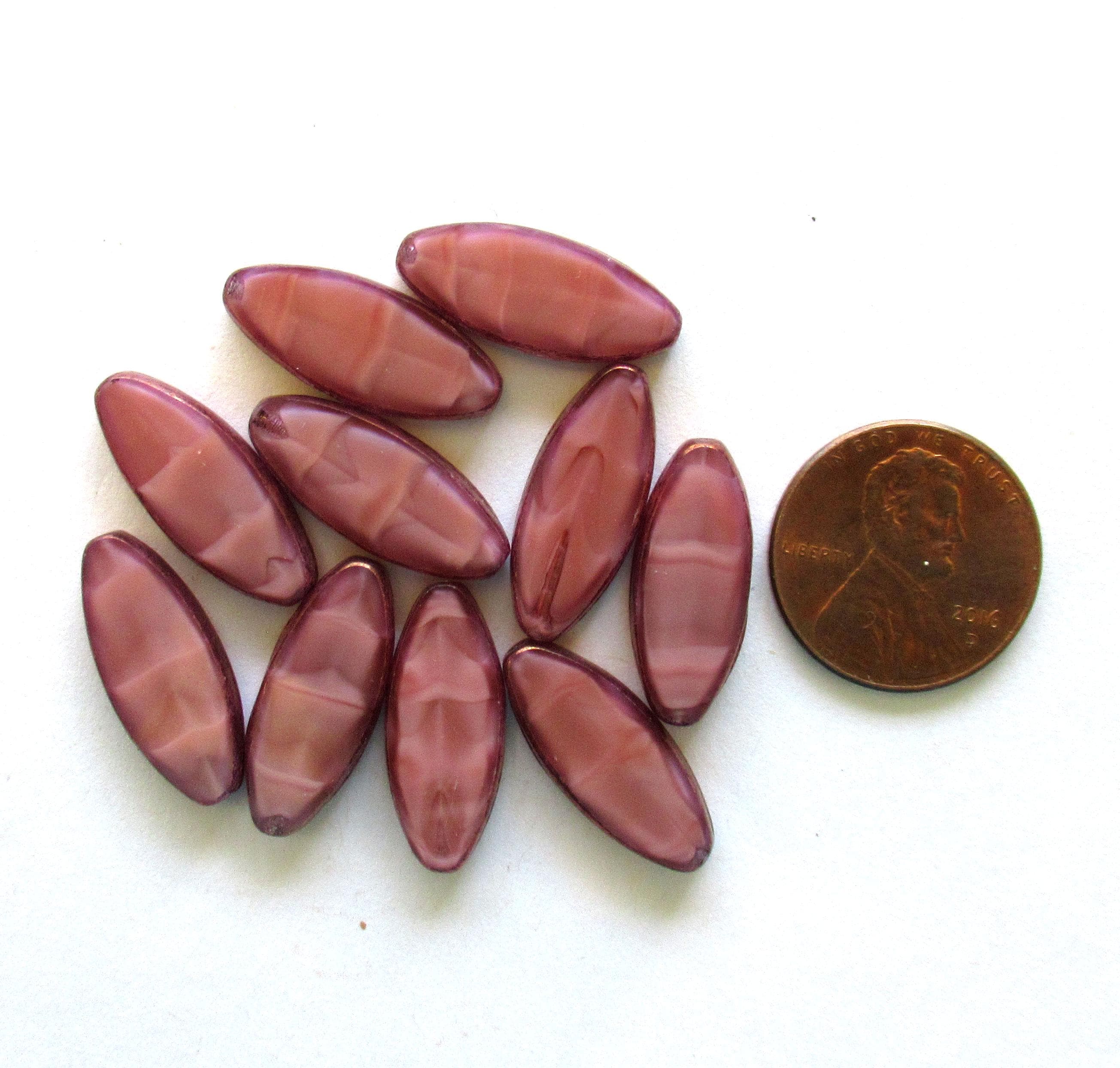 Ten large Czech glass spindle beads - opaque pink silk w/ bronze picasso accents - 20 x 9mm - table cut almond shaped oval beads - C00962