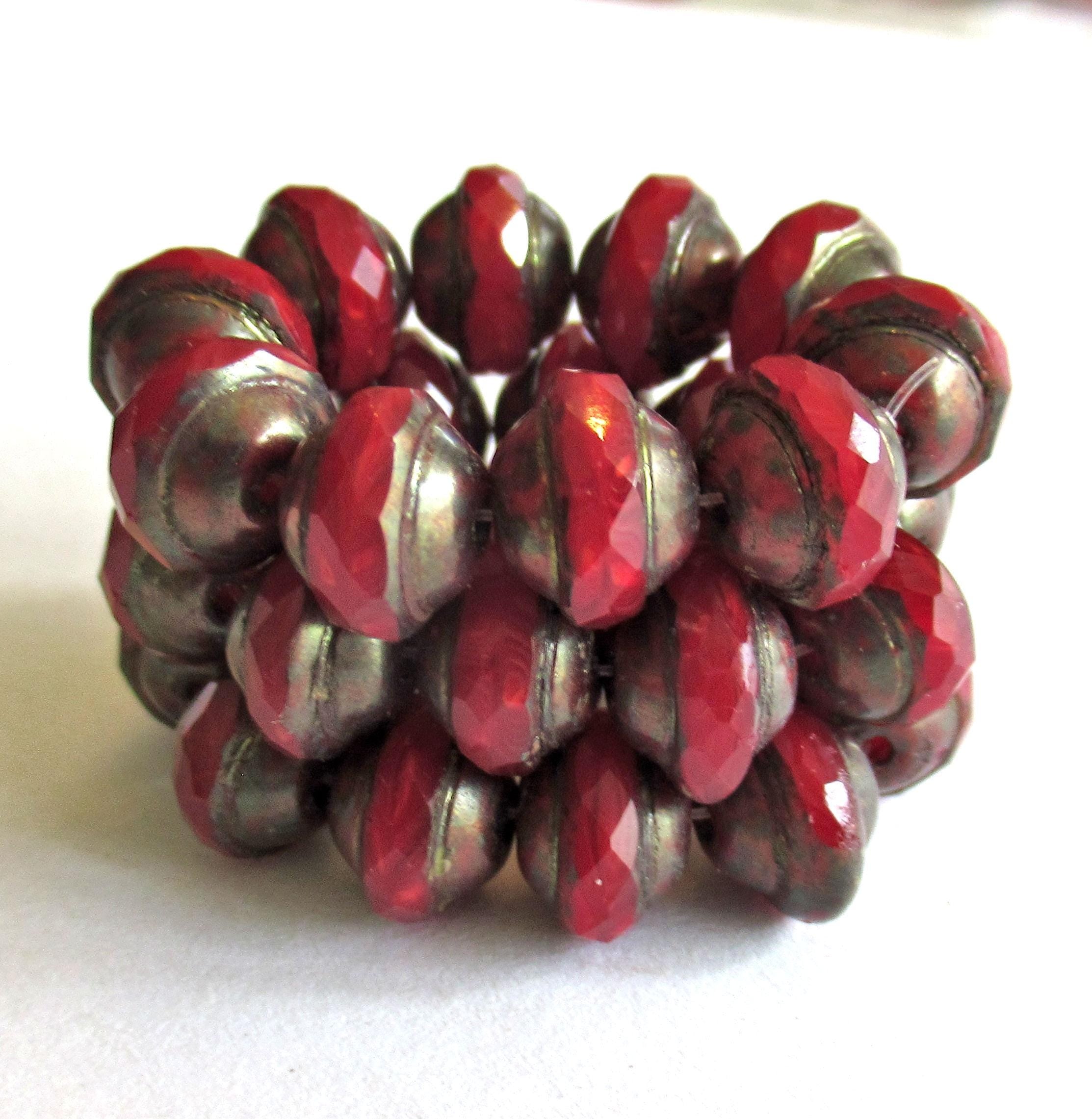 Ten Czech glass saturn or saucer beads - red opal with a dark bronze picasso finish - 8mm x 10mm - Faceted fire polished beads - C00191