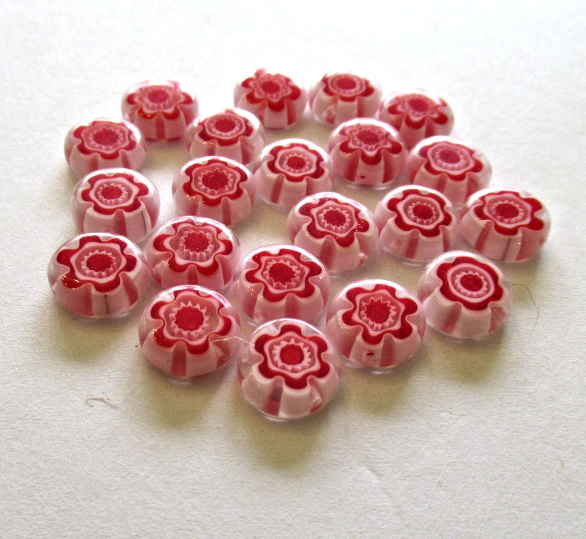 Ten 10mm cane or millefiori coin or disc beads - red & white patterned beads - C0095