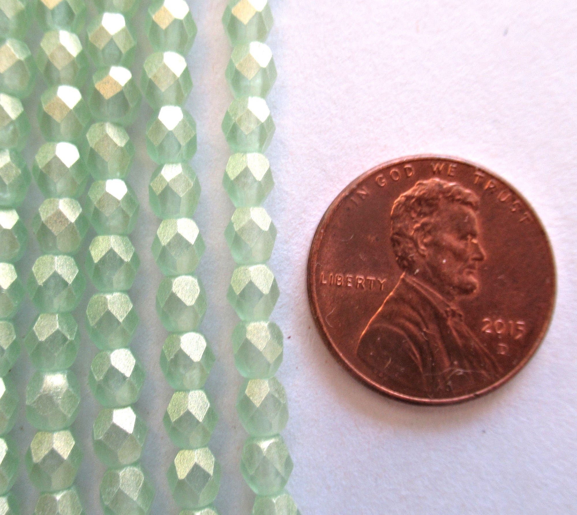 50 4mm faceted Czech glass round beads - Sueded Gold Peirdot - light green with a gold finish fire polished beads - C0024