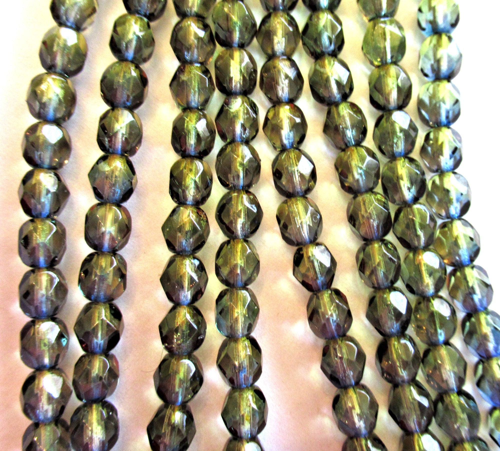 25 6mm Czech glass beads - olivine Green & blue color mix fire polished, faceted beads - C0037