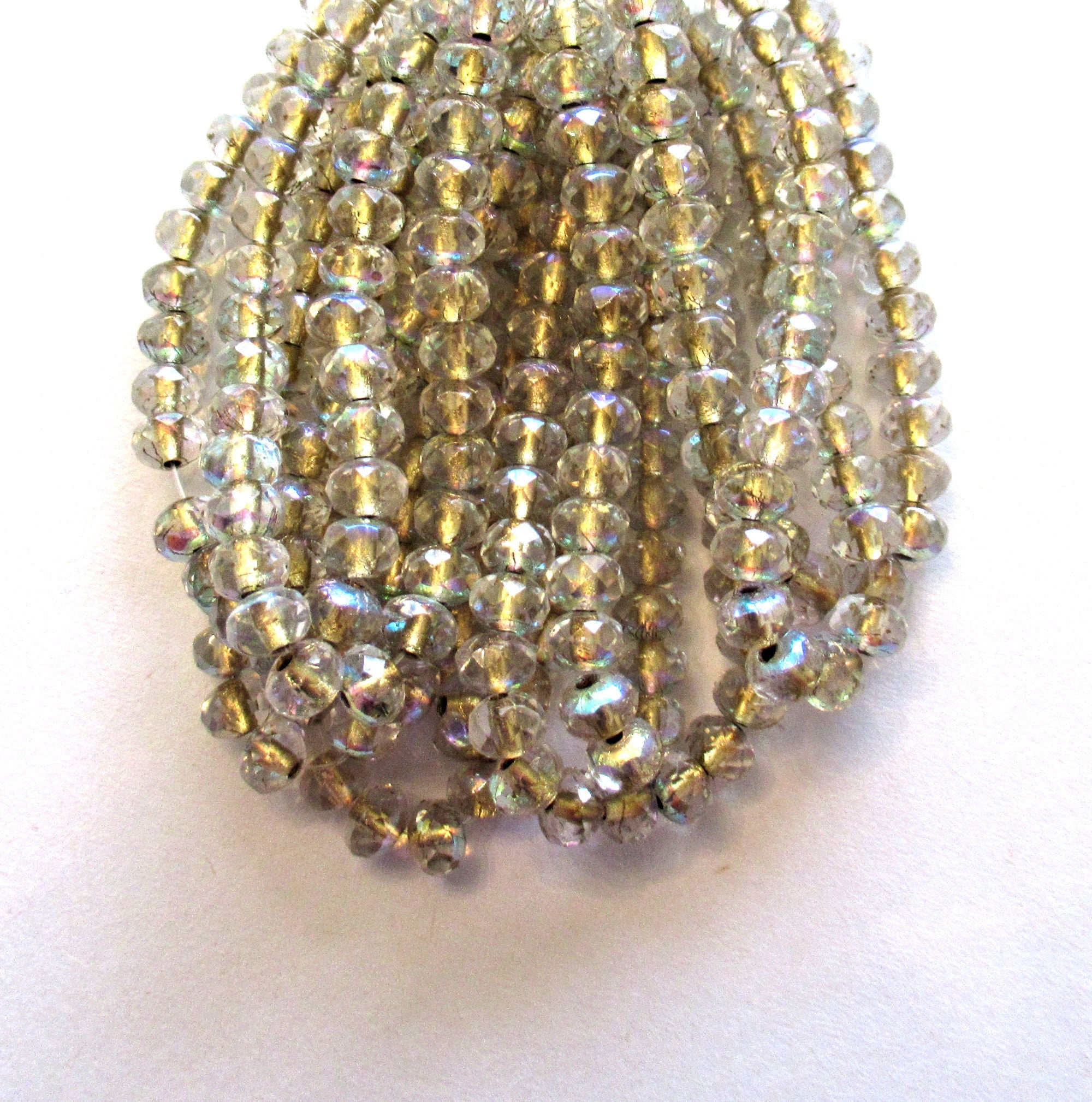 30 small puffy rondelle beads - crystal clear ab gold lined - 3mm x 5mm faceted Czech glass rondelles 00041