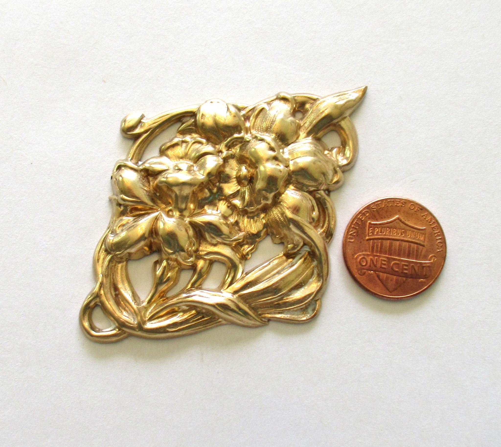 1 large floral raw brass stamping - Victorian Flower connector - pendant - ornament - component - 2.75" x 2"inches - made in the USA C00001