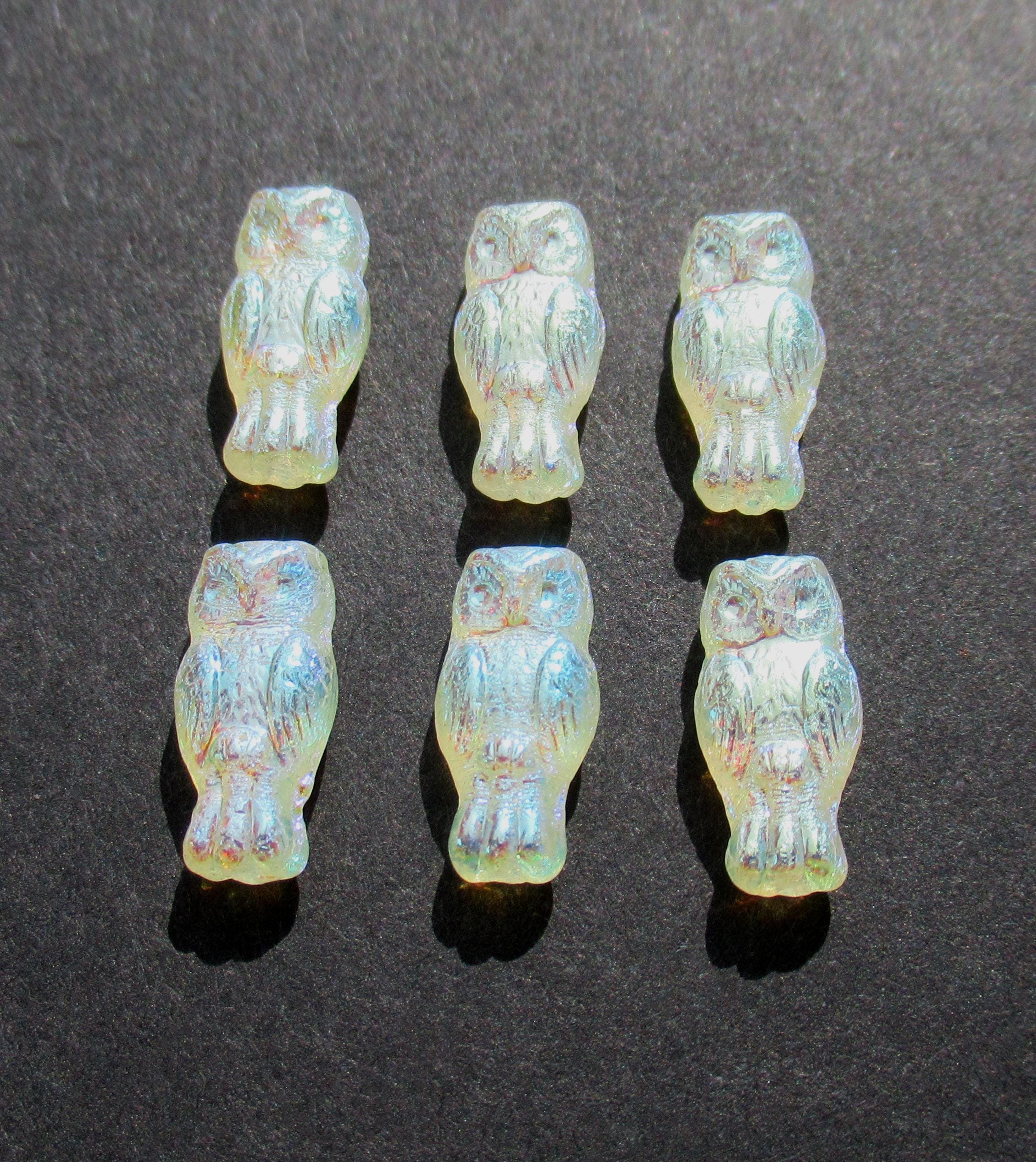 10 Czech glass owl beads - top drilled 7 x 15mm - light yellow or jonquil ab - pressed glass beads C0008