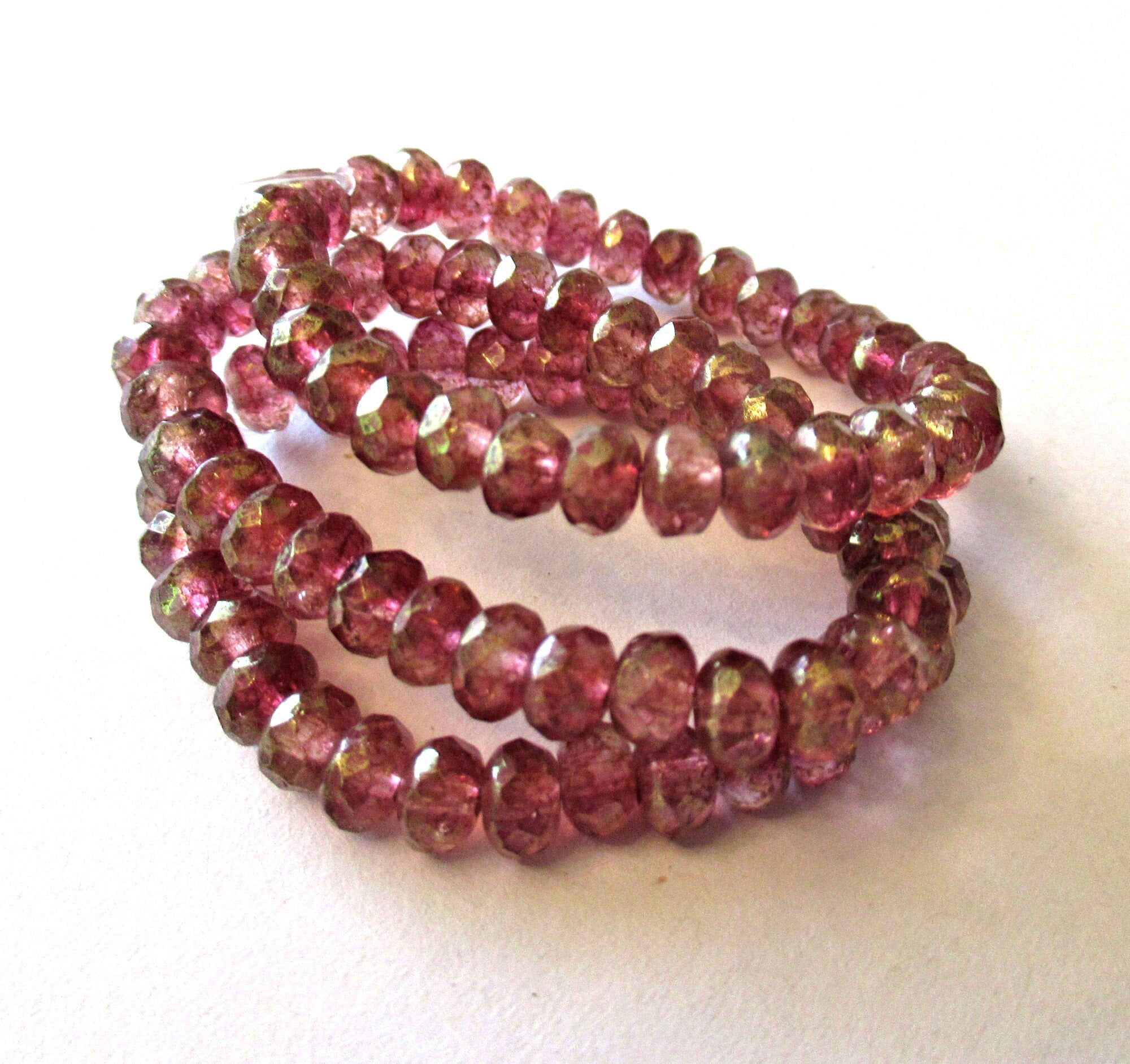 Lot of 30 small Czech glass puffy rondelle beads - 3mm x 5mm pink gold luster faceted fire polished rondelles Czech - 00031