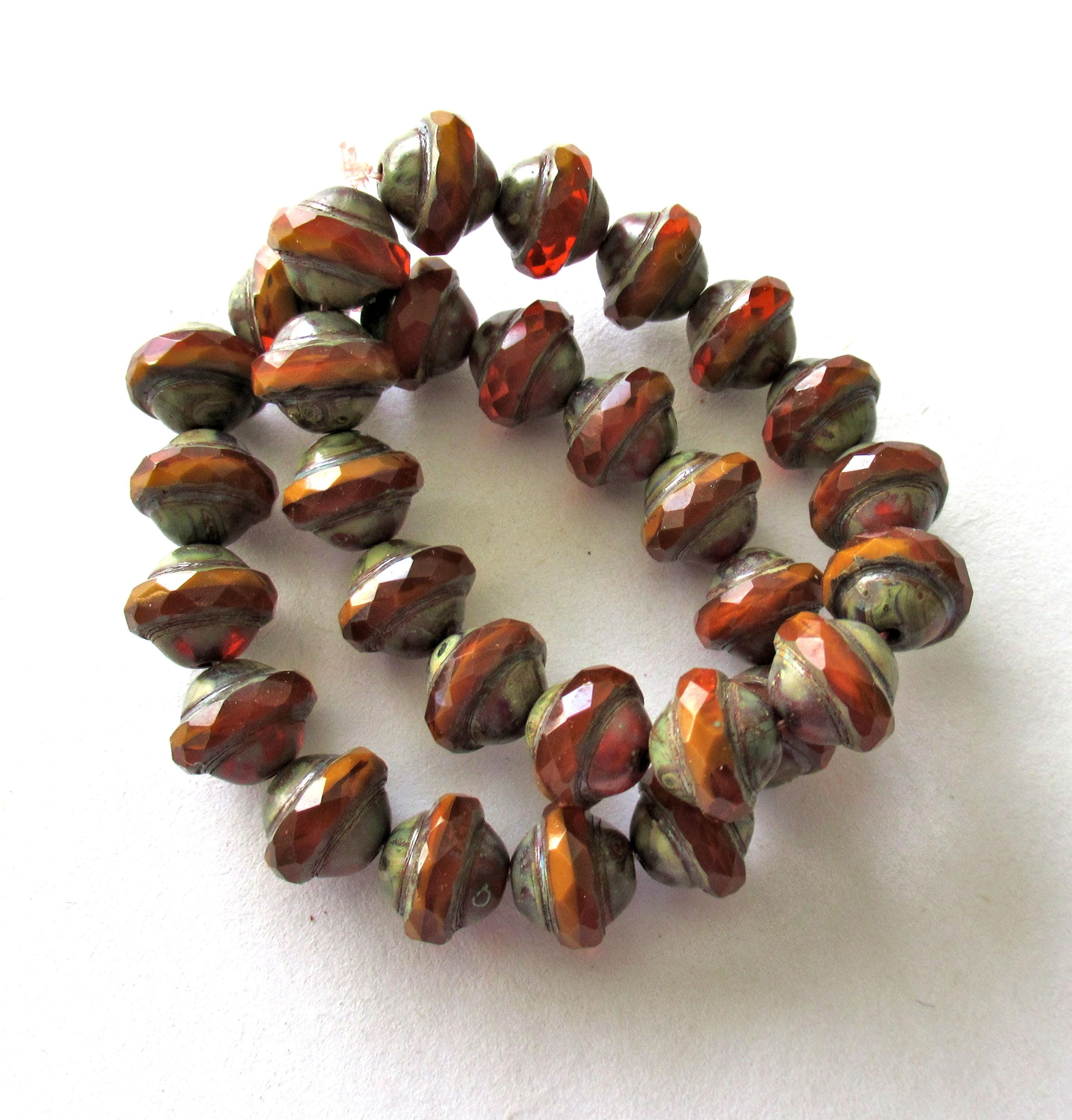 Czech glass faceted saturn or saucer beads - 8 x 10mm transparent & opaque mix rust orange brown w/ picasso finish - fifteen pieces - C00302