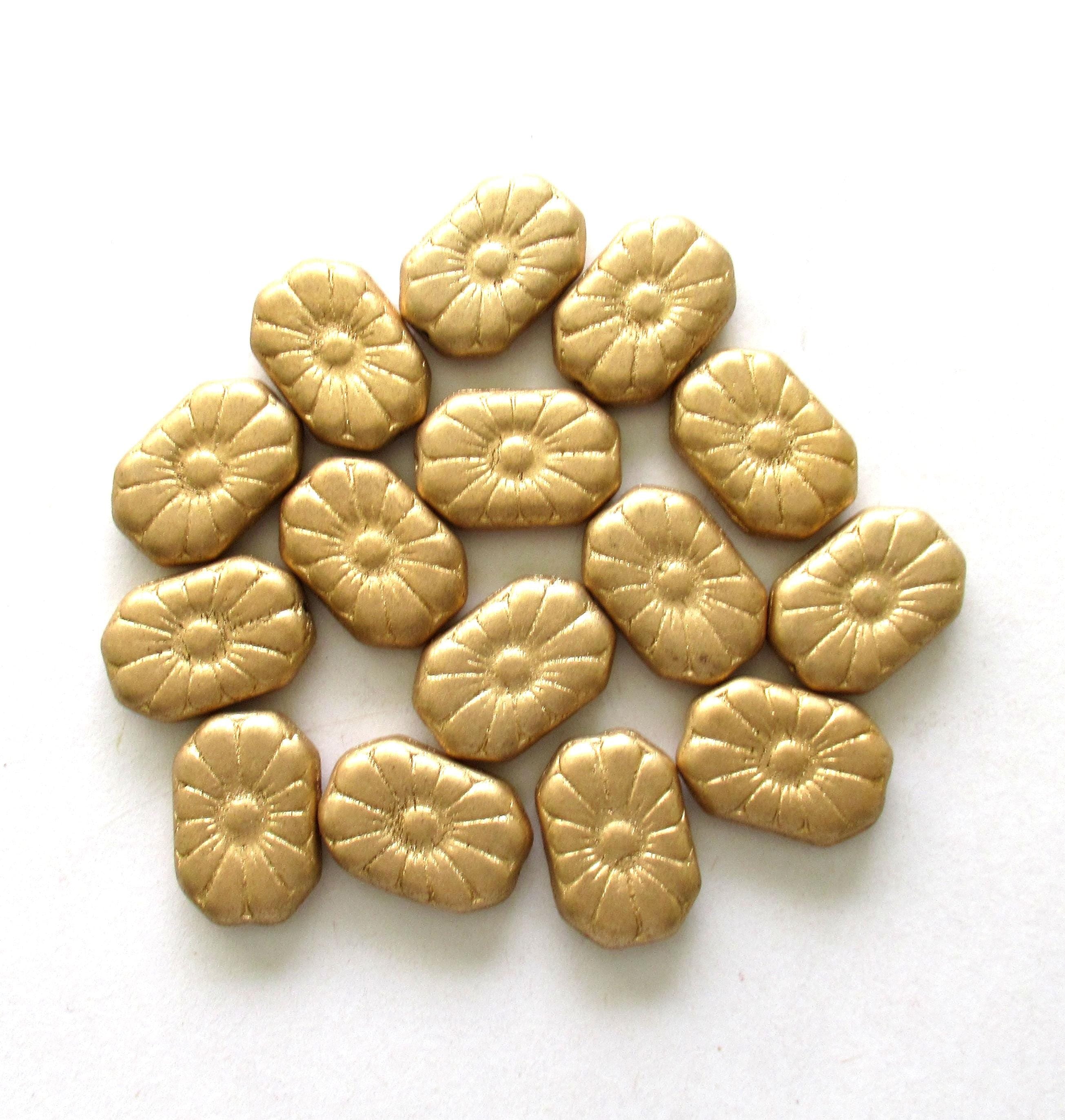 Five large Czech glass flower beads - matte gold rectangle beads - focal or statement beads - 19 x 14mm - C00011