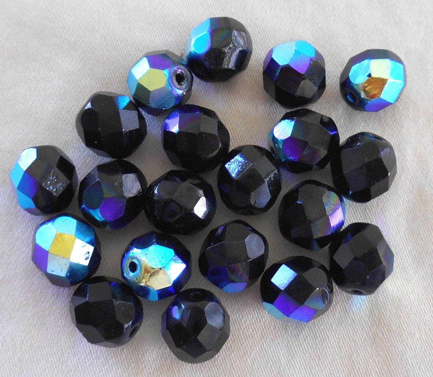 25 8mm Jet black AB Czech glass beads, fire polished faceted round glass beads