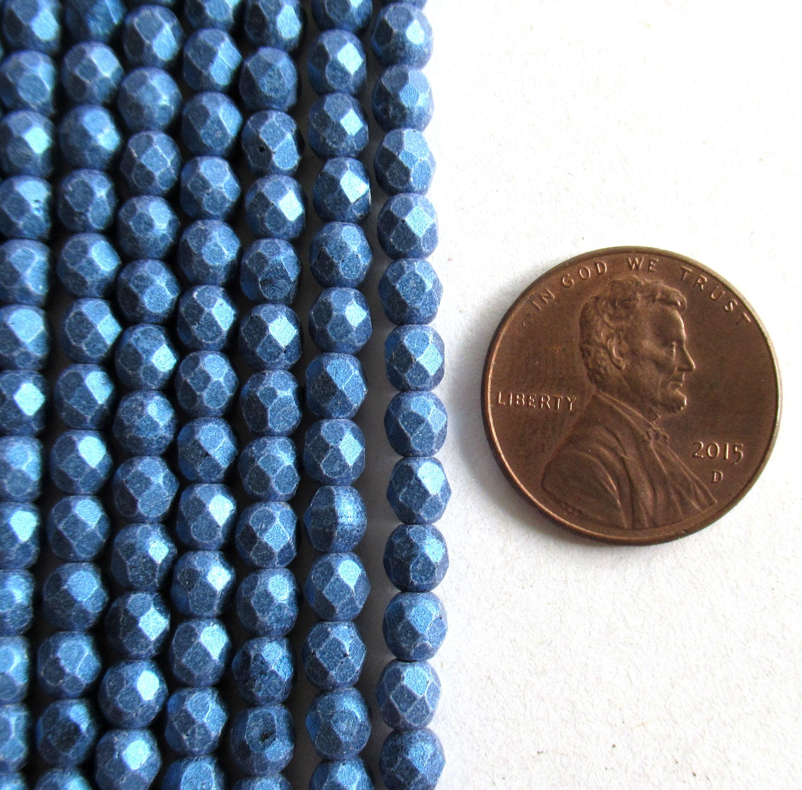 50 4mm matte metallic suede blue Czech glass beads - faceted fire polished round beads - C0025