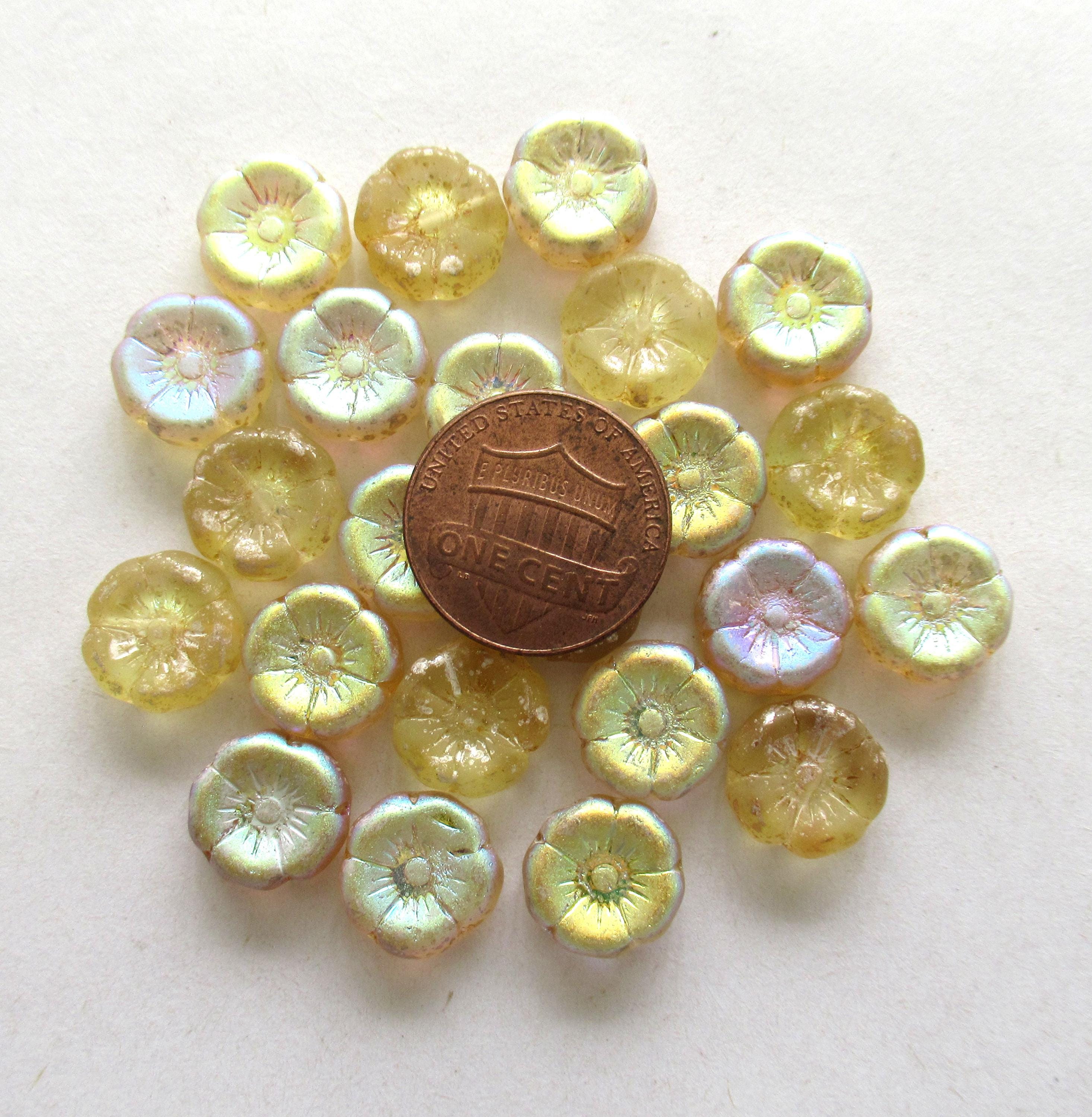 Twelve 12mm Czech glass flower beads - light yellow ab beads - Hawaiian floral beads C00122