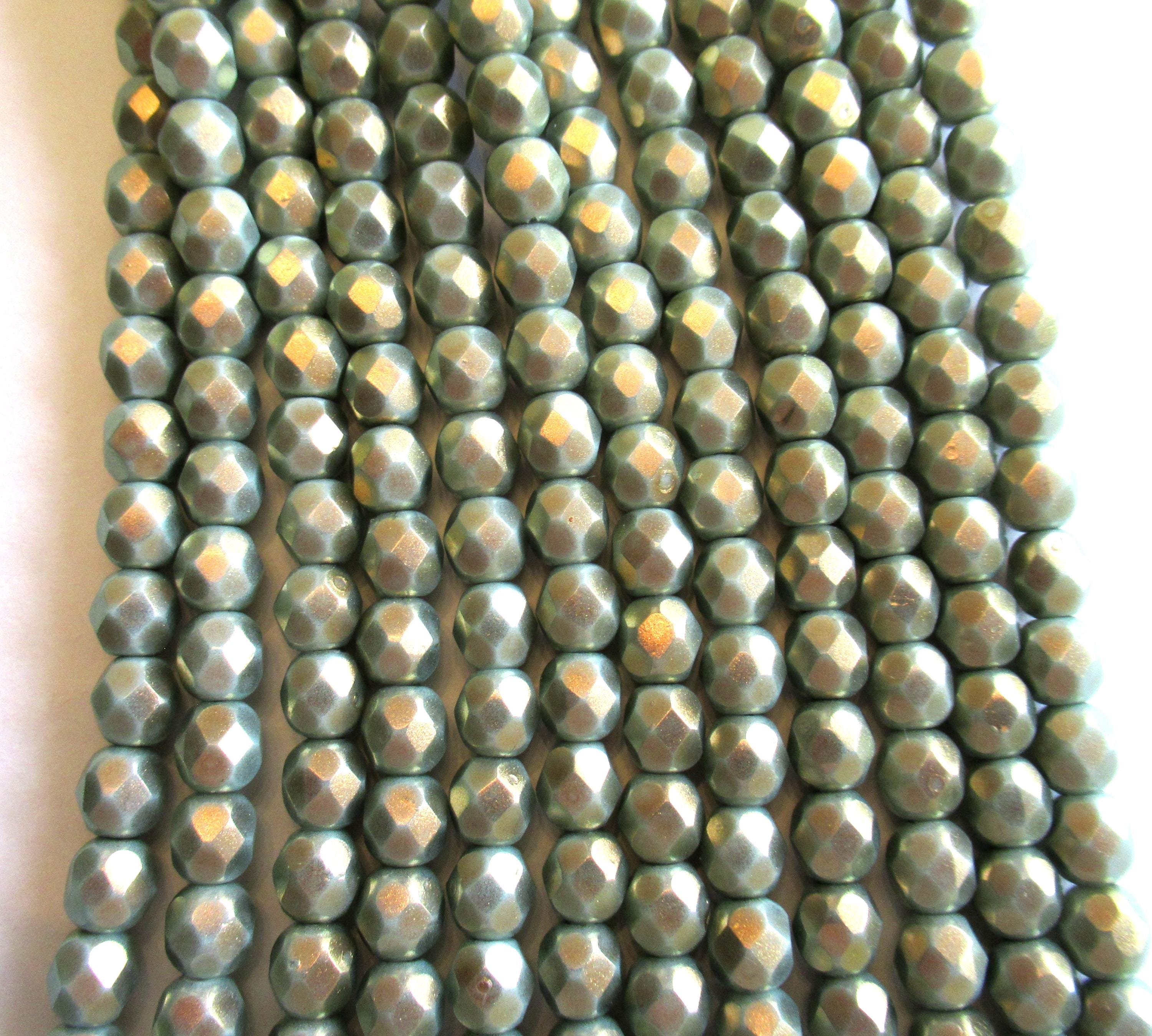 25 6mm Czech glass round beads - Halo Ethereal Heavens opaque light green beads w/ gold finish - fire polished, faceted - C0087