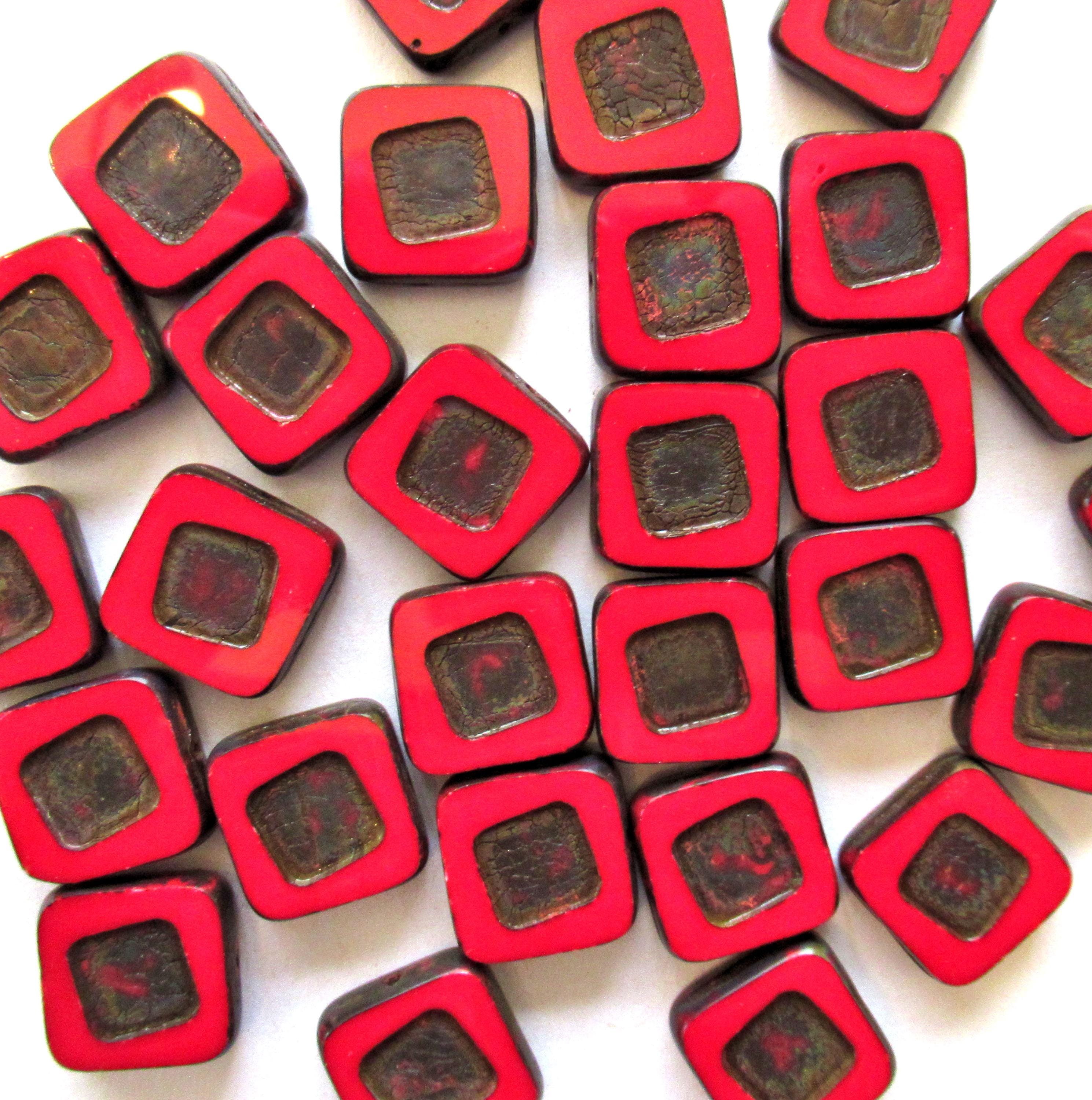 Four large Czech glass square beads - 14 x 14mm - opaque red picasso beads - chunky table cut statement or focal beads C00661