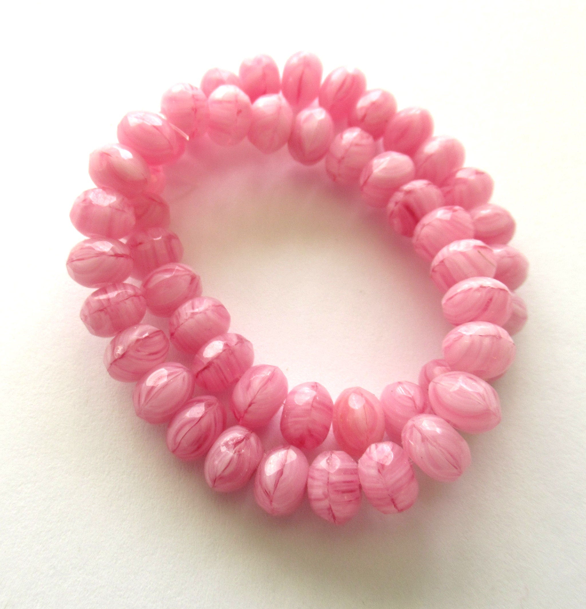 Lot of 25 Czech glass faceted puffy rondelle beads - 5 x 7mm pink & white marbled mix rondelles C00612
