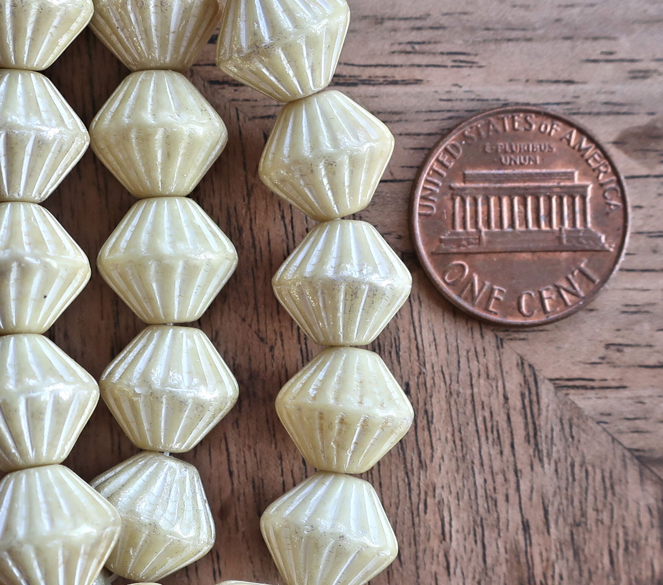 Five Czech glass bicones - 11mm x 10mm - opaque off white, cream colored - carved, chunky, rustic bicone beads C4401