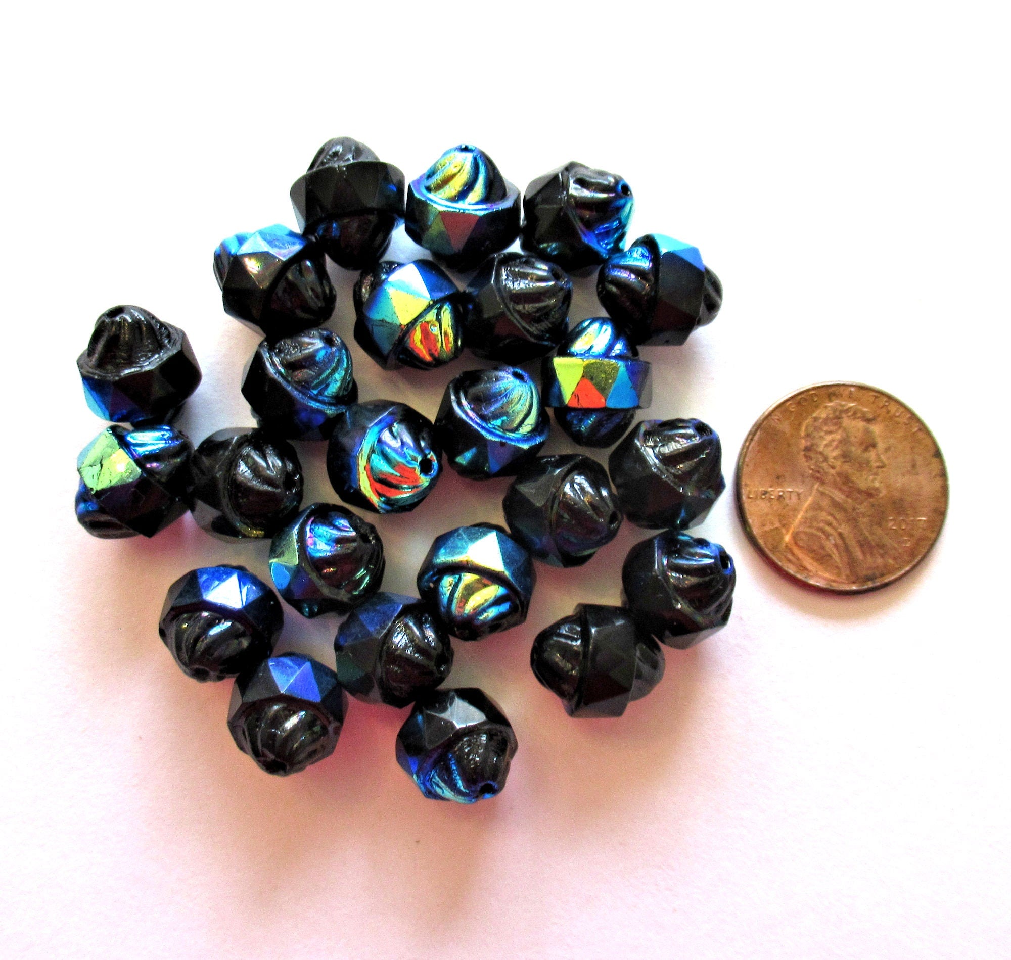 Ten Czech glass turbine beads - 11 x 10mm opaque jet black ab - faceted, fire polished saturn beads - C0008